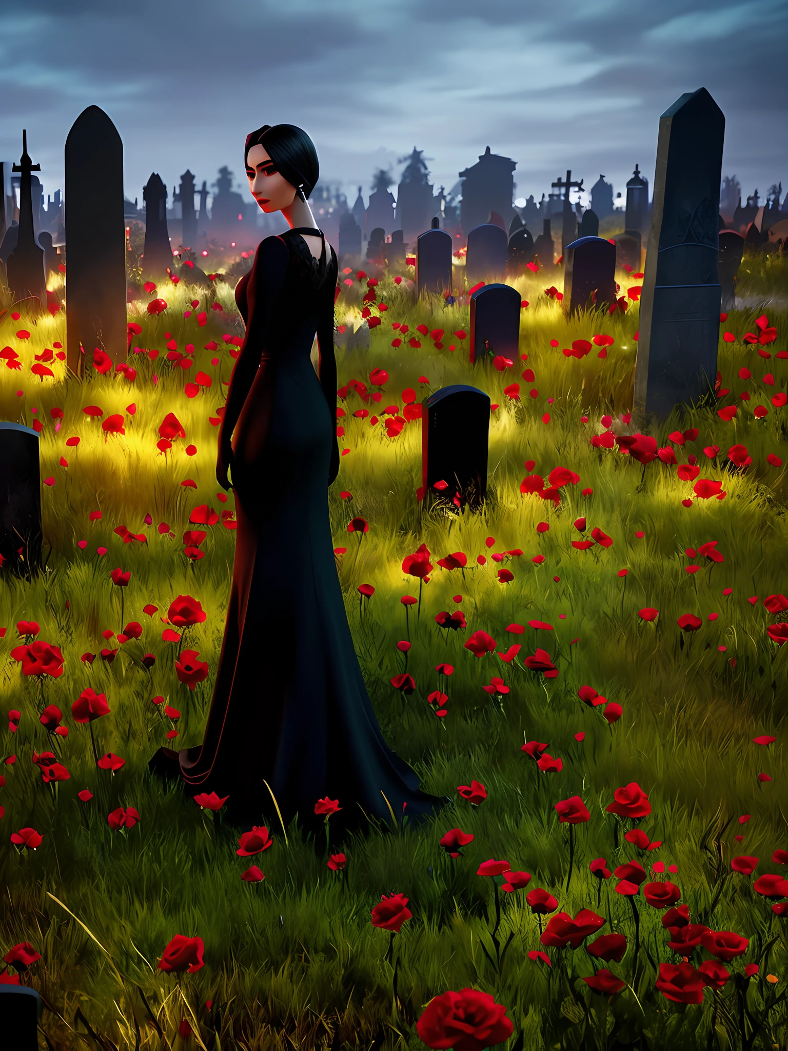 Beautiful woman, black, long red dress, graveyard, graves, crosses, night (pixar style) (masterpiece:1.2) (bokeh) (best quality) (detailed skin) (detailed texture) (8k) (claymation) (cinematic lighting) (sharp focus