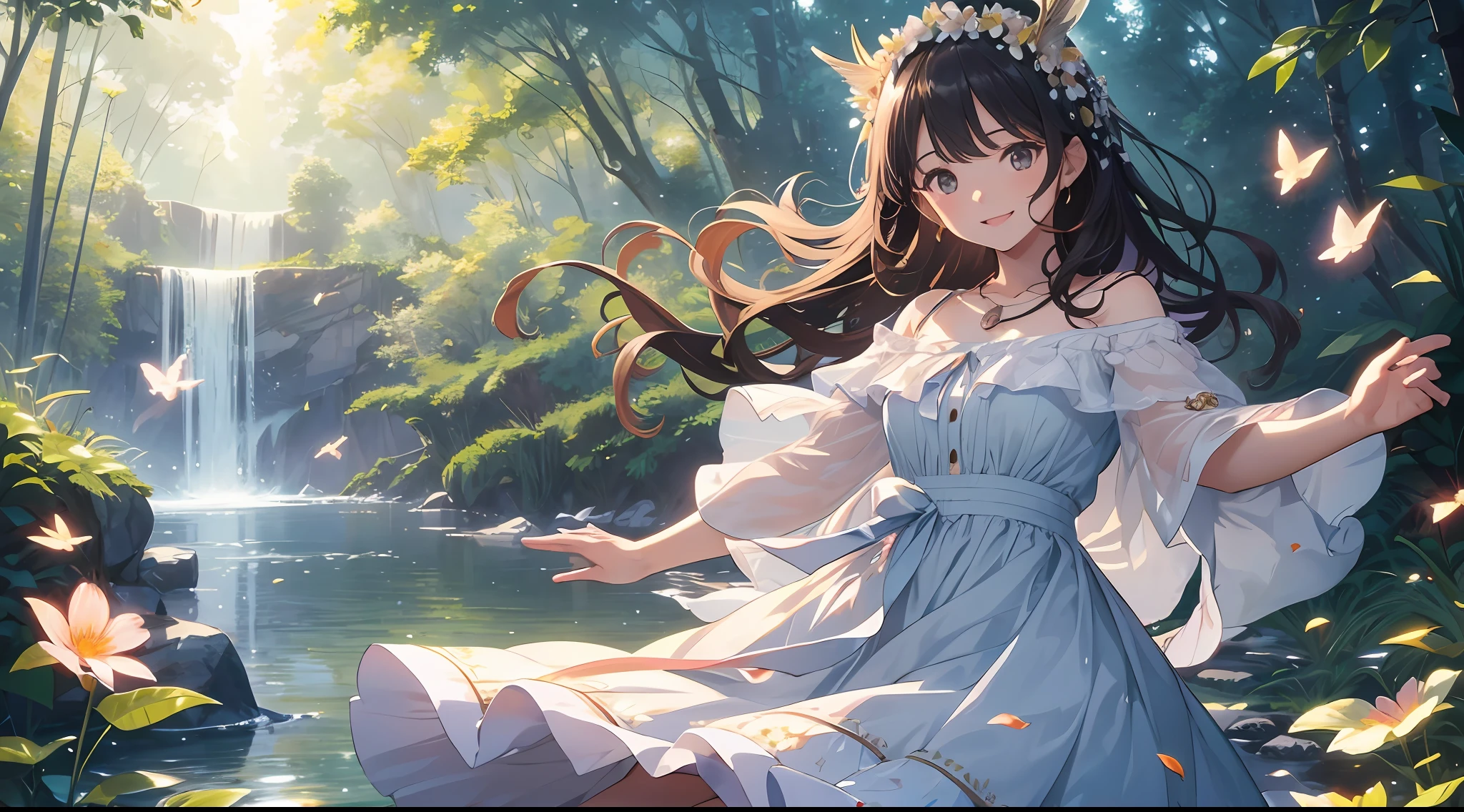 ((SFW))), Masterpiece, (High Quality), ((Photoreal)), (Cinematic Direction), (High Contrast), (Depth of Field: 1.3), (Award-winning Difference Photo: 1.1), (Face Detail), Detailed Drawing, There is a place in the forest where flowers bloom, Girl dancing in a snow-white summer dress in the flower field, Animals are jumping happily around the girl, Colorful little birds and butterflies flying around the girl,The girl is 11 years old,Black hair very long hair,Flower crown, full body figure, summer sky, summer clouds, summer dazzling sunlight, flower garden, girl with open arms, dancing, necklace, smile, smile, happy, fun, girl looking up at the sky, deer, flapping duck, flapping goose, hummingbird, European bulbul, kingfisher, European orli, butterfly, Dazzling halo light, (dazzling glow: .1.4, (glow: 1.3), backlit, (colorful petals soar in the wind: 1.4), strong wind