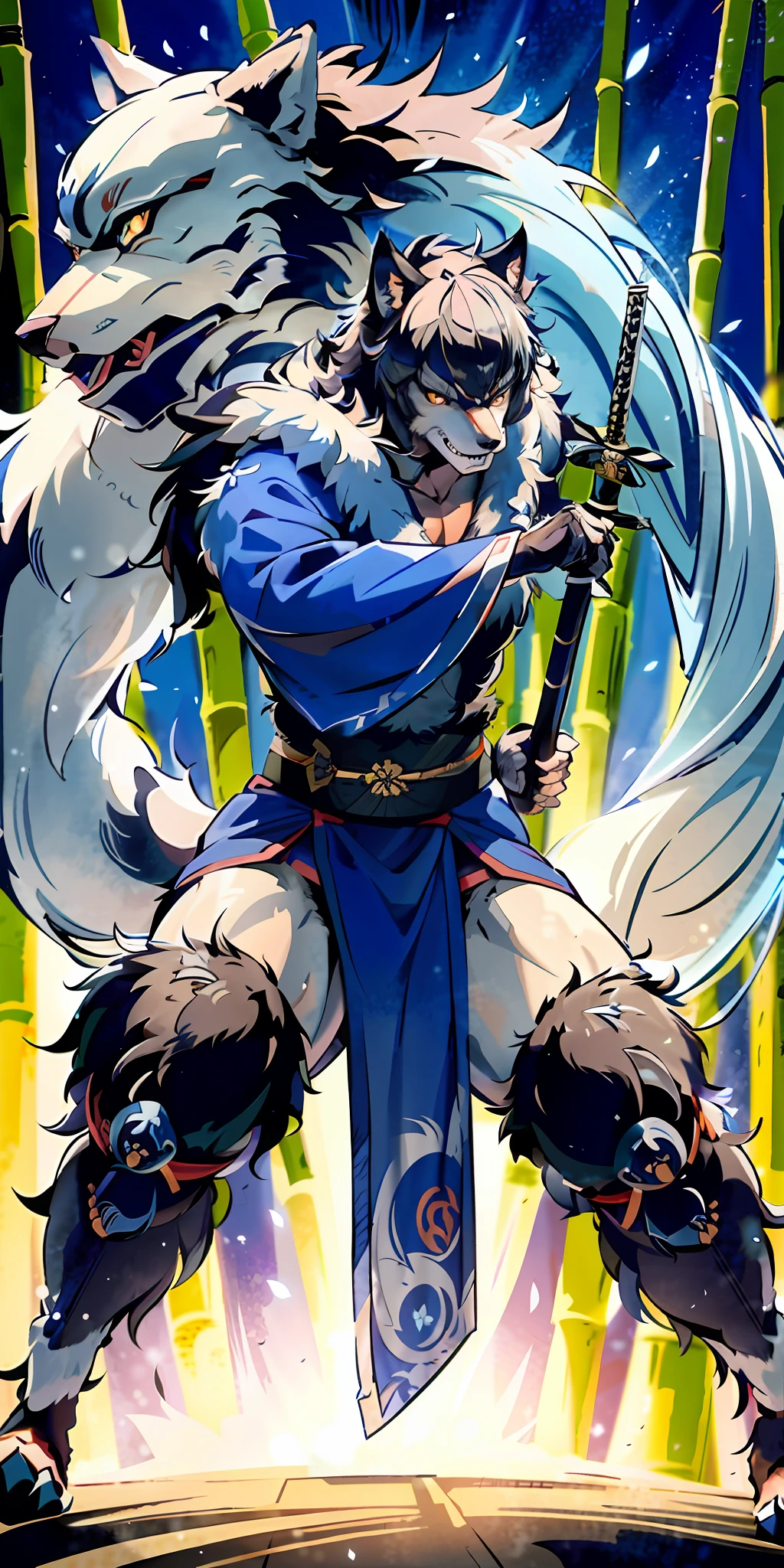 Top quality ultra-fine illustrations, movie poster, Zatoichi, Blind Swordsman, shuimobysim, Chōjū-jinbutsu-giga, picture scroll, monochrome(bamboo forest, dark night with beautiful full moon, rays of light through bamboo, backlighting) (beautiful face and eyes with great detail) absurdres perfect anatomy ((Beastman))) (furry, solo focus, Japanese kimono, ninja, samurai, sword with blue flames, battle duels) (furry anthro:1.7) ((((furry body, wolf facial features,  wolf body features)))) ((((wolf muzzle highly detailed fur)))) full body, sturdy look, shouting, combat regime (dynamic pose),