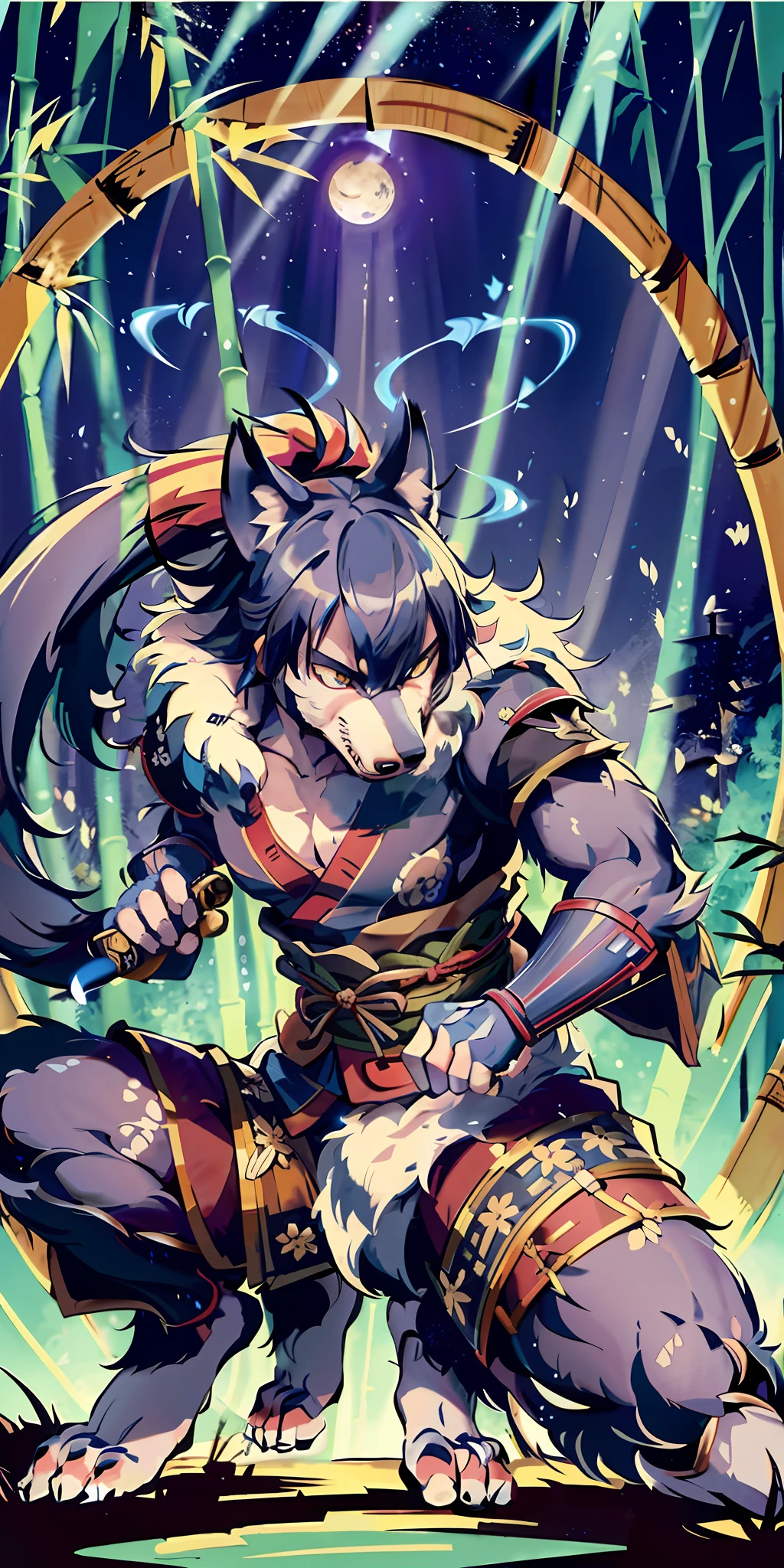 Top quality ultra-fine illustrations, movie poster, Zatoichi, Blind Swordsman, shuimobysim, Chōjū-jinbutsu-giga, picture scroll, monochrome(bamboo forest, dark night with beautiful full moon, rays of light through bamboo, backlighting) (beautiful face and eyes with great detail) absurdres perfect anatomy ((Beastman))) (furry, solo focus, Japanese kimono, ninja, samurai, sword with blue flames, battle duels) (furry anthro:1.7) ((((furry body, wolf facial features, wolf body features)))) ((((wolf muzzle highly detailed fur)))) full body, sturdy look, shouting, combat regime (dynamic pose),