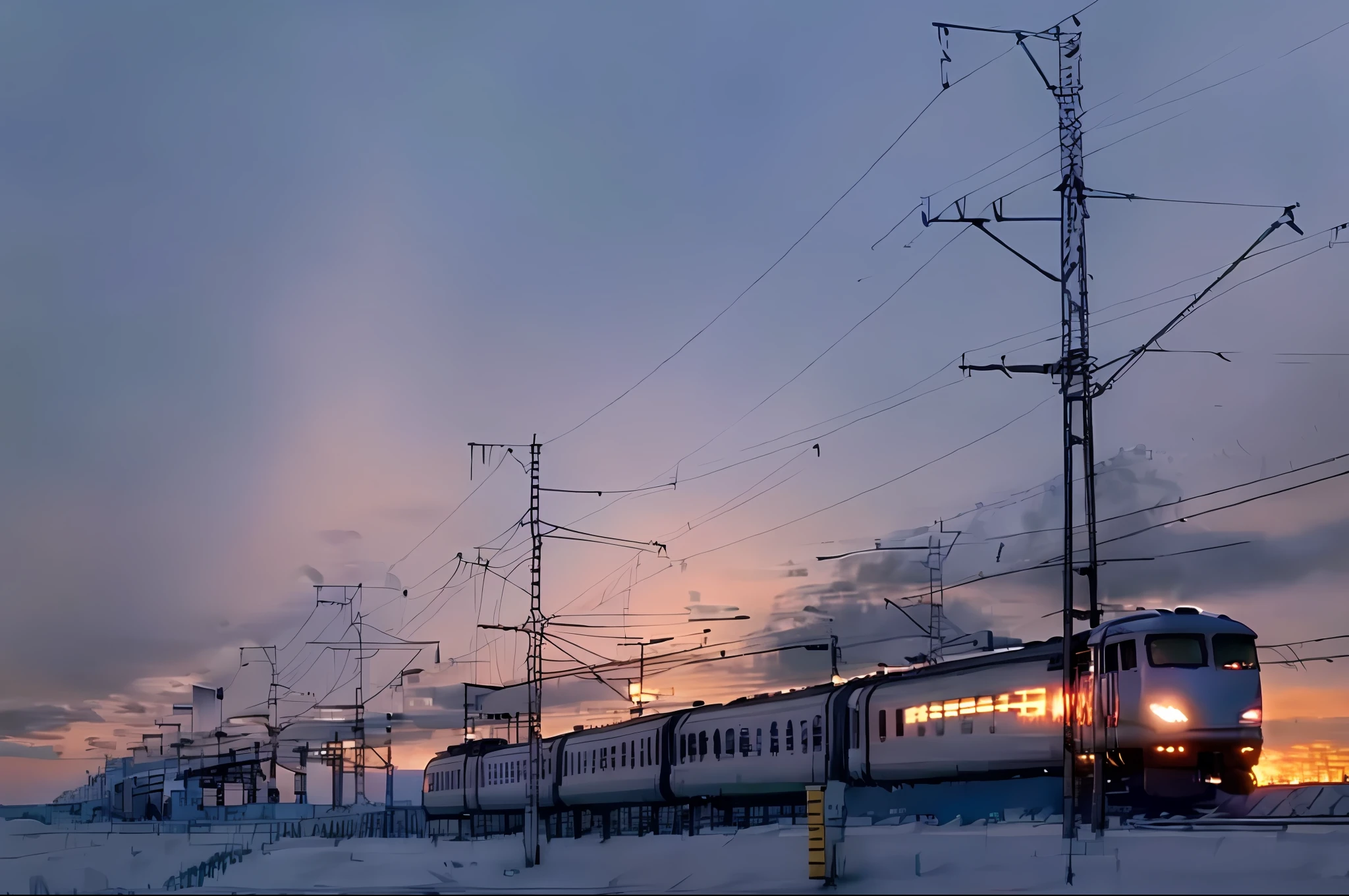 linear, simple background, sketch, sketch, pen_sketch_style, electric train, train on tracks with power lines and power transmission towers, connecting lines, trains in the background, at dawn, railways, at dusk, wires flying in the air, at sunset, Andrey Kolkutin, wires and lights, reportage photo, Neo Norilsk, 4 0 9 6, dramatic scene, trains, Alexey Gurylev