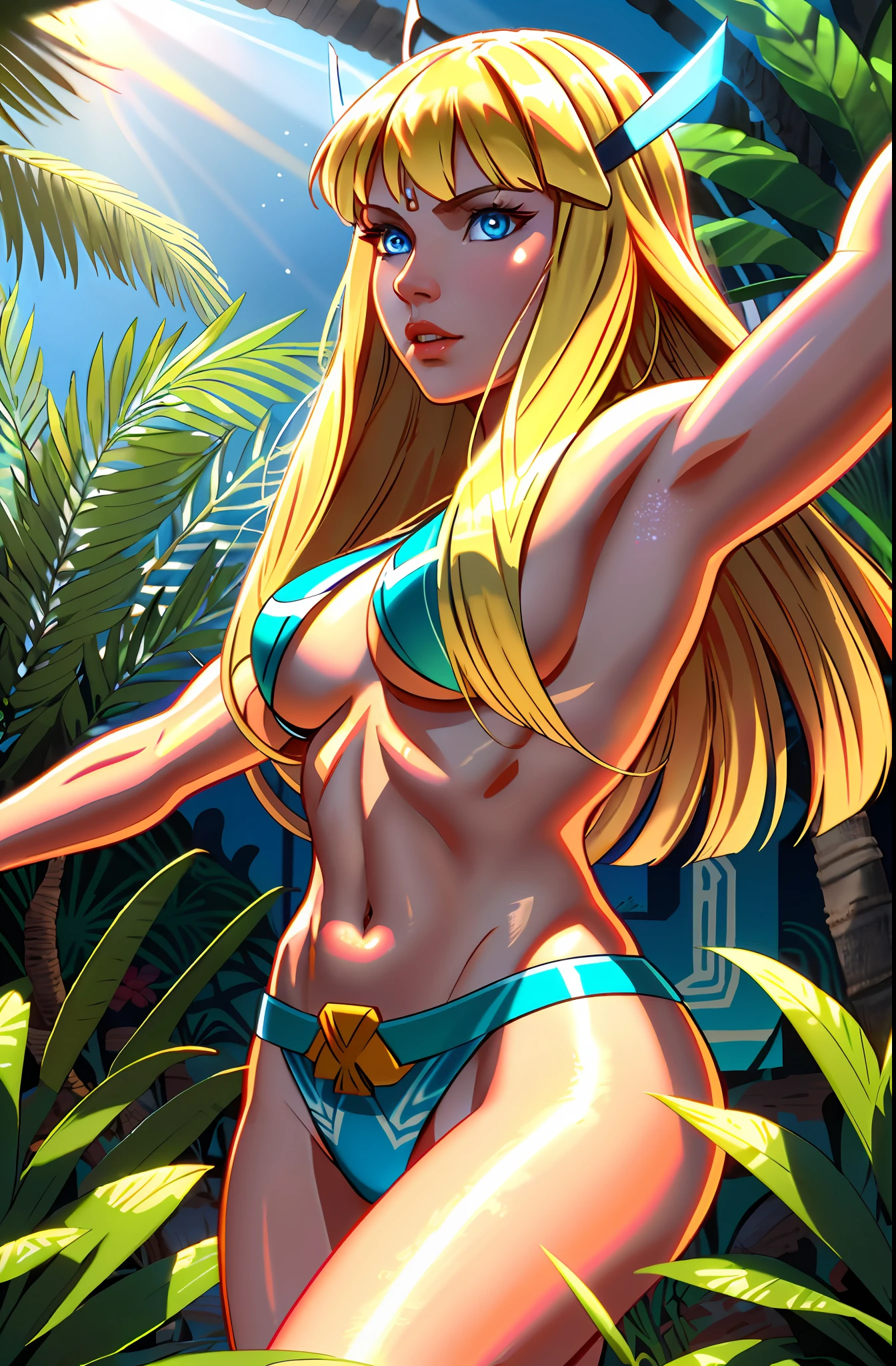 Magik (from x-men, perfect blue eyes, long blonde hair with bangs, medium breasts, strong toned body), ((dancing hula in Hawaii)), ((wearing a Kupe:1.5)), masterpiece:1.2, best quality:1.2, ultra-detailed:1.2, CG illustration, high resolution:1.2, better lighting, better shadow, extremely delicate and beautiful, proper shading, HD, 8k, ray tracing, perfect and defined pupils
