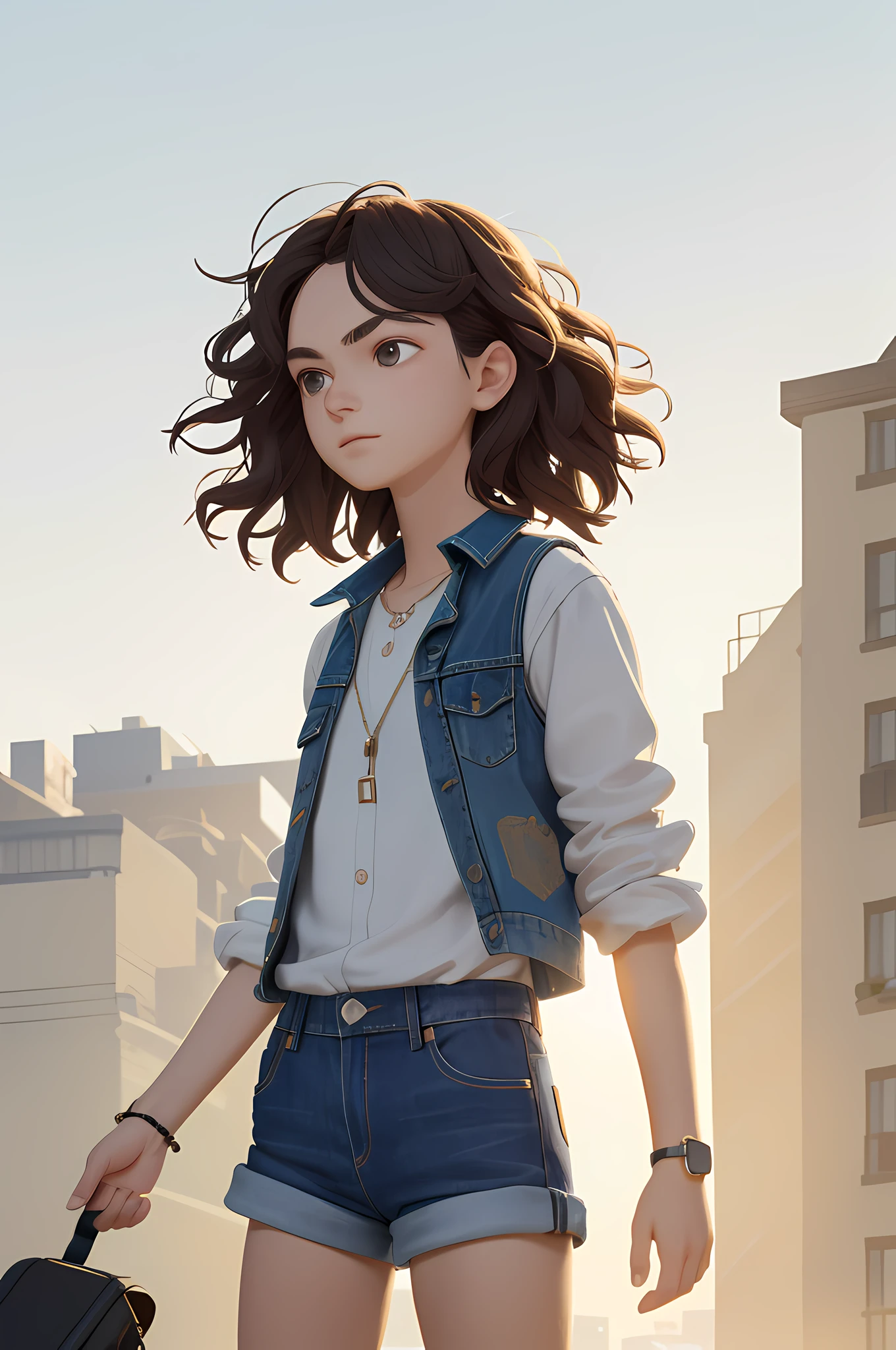 ((medium chest, tomboy, small head)), daylight, sunlight, (well-defined abs: 1.1), (perfect body: 1.1), (short wavy hair: 1.2), russet hair, collar, chain, full body photo, crowded streets, wearing black vest, denim jacket, ((shorts)), (extremely detailed CG 8k wallpaper), (extremely delicate and beautiful), (masterpiece), (Best Quality: 1.0), (Ultra Resolution: 1.0), Beautiful Lighting, Perfect Lightning, Realistic Shadows, [High Resolution], Detailed Skins, Ultra Detailed