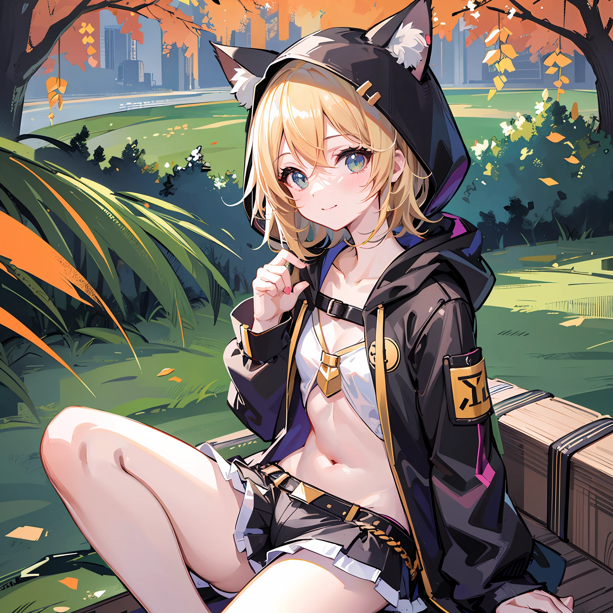 (Masterpiece), (Best Quality), (Illustration), (Ultra Detailed), (High Resolution), Absurdity, One Girl, (kagamine-rin), (Vocaloid), Smile, Innocence, Short Hair, Hair Clips, (Cat Ear Hood), (Wearing a Hood), Perfect Size Hood, Blush, Black Shorts, (Blonde), Very Cute Girl, Small, Young, Delicate, Outdoor, Attention on Girls, Cat pose, sitting,  open, navel visible, cleavage