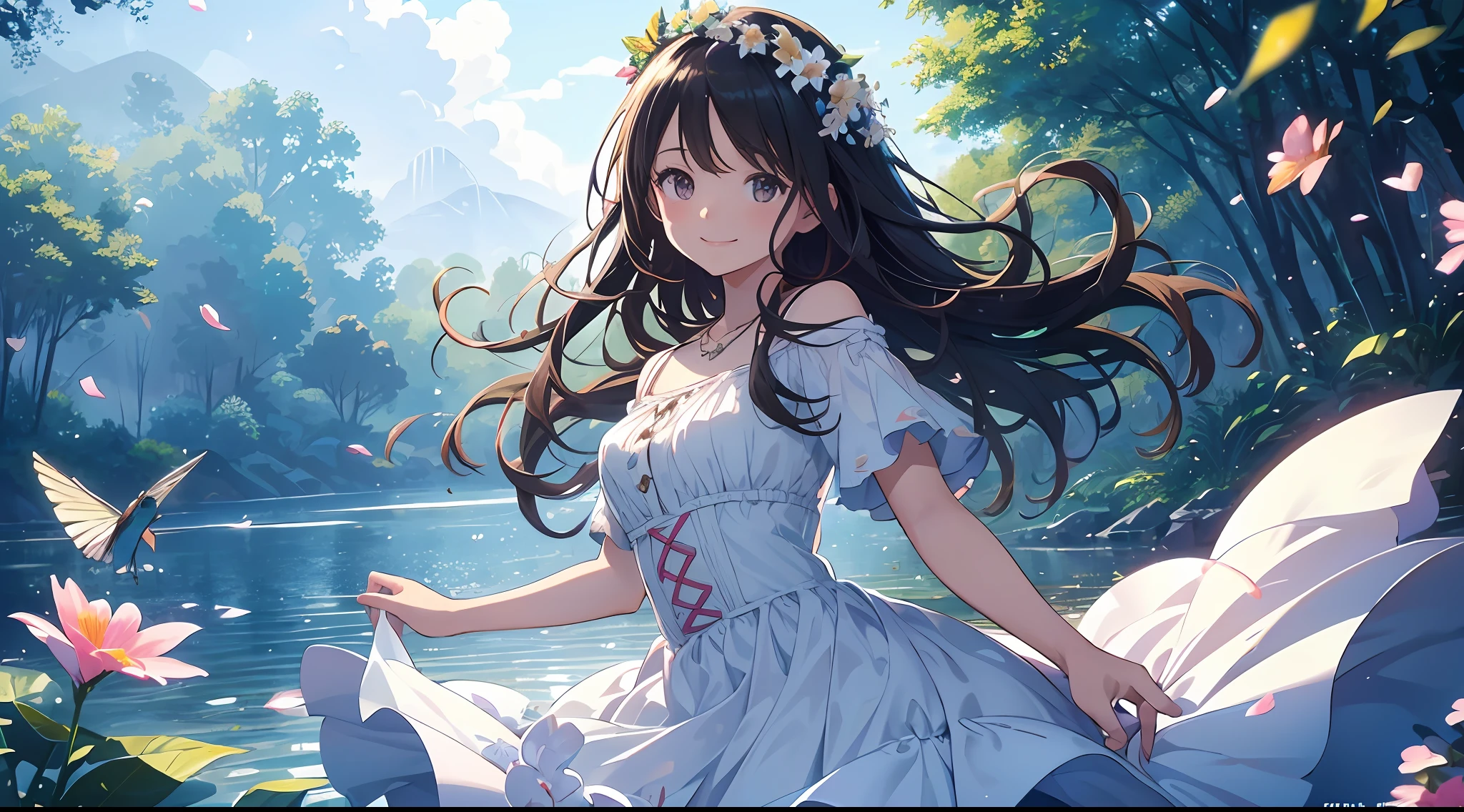 ((SFW))), Masterpiece, (High Quality), ((Photoreal)), (Cinematic Direction), (High Contrast), (Depth of Field: 1.3), (Award-winning Difference Photo: 1.1), (Face Detail), Detailed Drawing, There is a place in the forest where flowers bloom, Girl dancing in a snow-white summer dress in the flower field, Animals are jumping happily around the girl, Colorful little birds and butterflies flying around the girl,The girl is 11 years old,Black hair very long hair,Flower crown, full body figure, summer sky, summer clouds, summer dazzling sunlight, flower garden, girl with open arms, dancing, necklace, smile, smile, happy, fun, girl looking up at the sky, deer, flapping duck, flapping goose, hummingbird, European bulbul, kingfisher, European orli, butterfly, Dazzling halo light, (dazzling glow: .1.4, (glow: 1.3), backlit, (colorful petals soar in the wind: 1.4), strong wind
