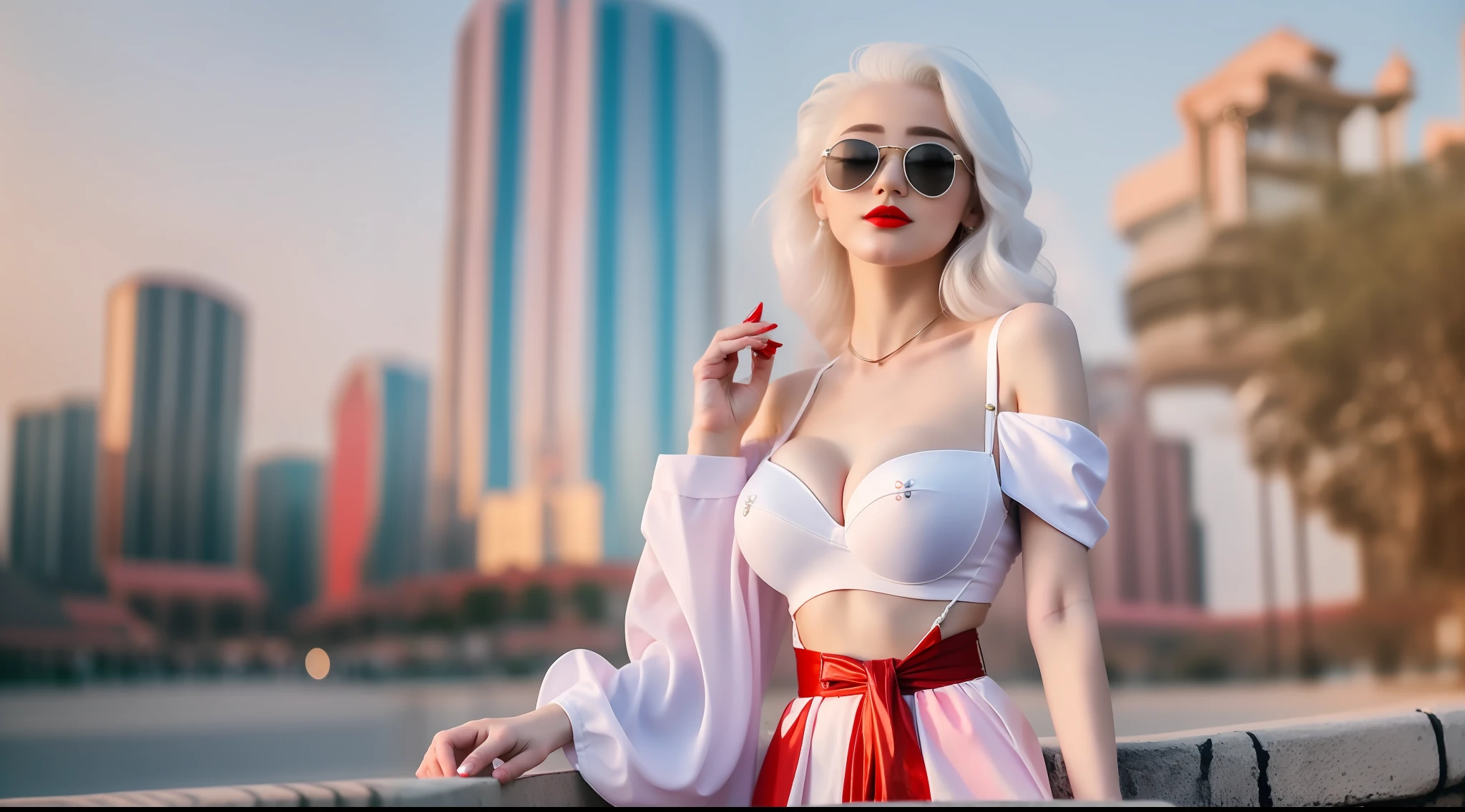 White Skin, 18 years old, young, white hair, fashionable, modern attention style, high heels, F cups, red lip gloss, sunglasses, shoulder bag, mobile phone, 16K, magic castle background