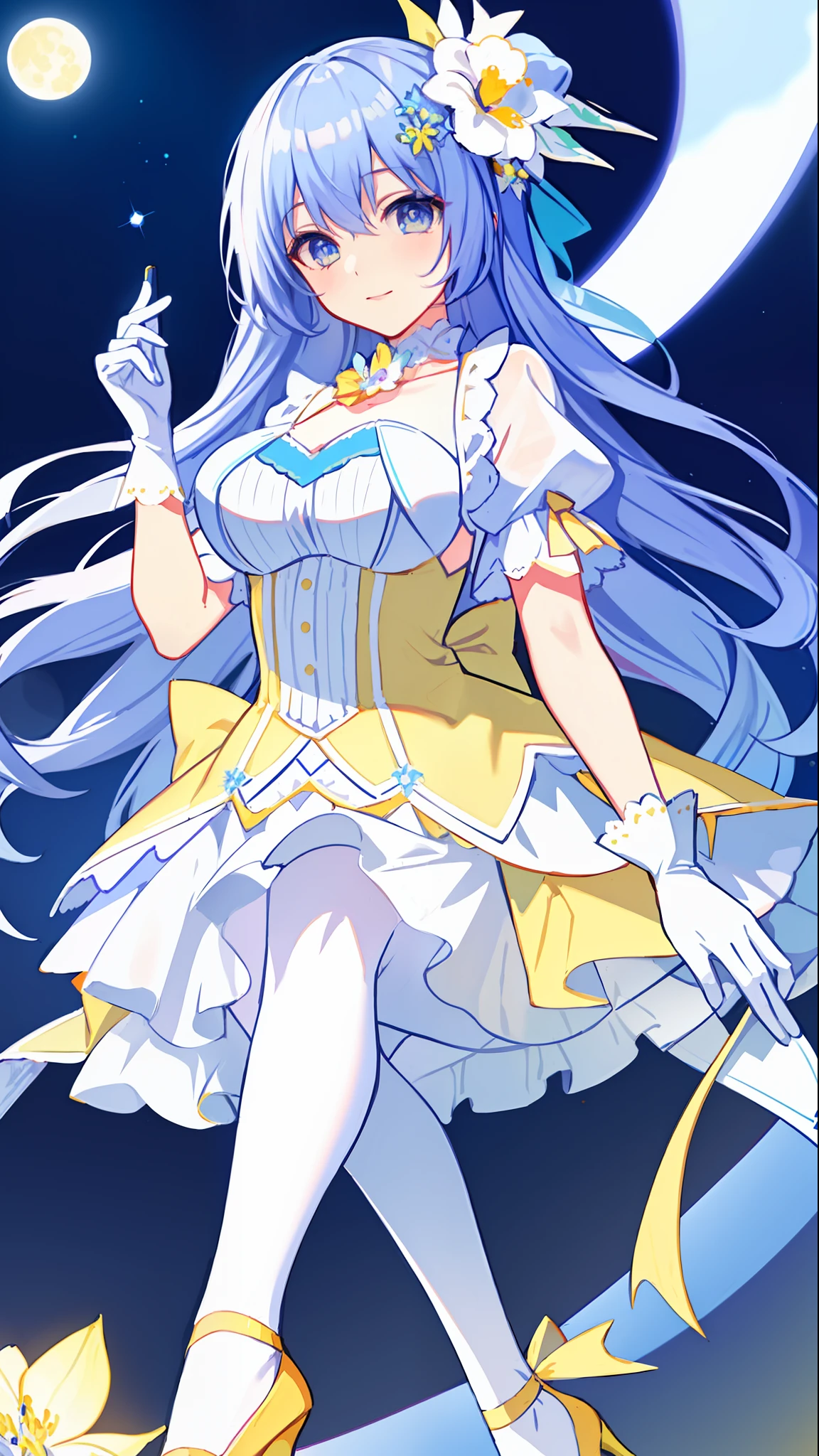 Left-facing, ((((Masterpiece)))), (((Best Quality))), (((Very Detailed))), Detailed Fingers, Illustration, 1 Girl, Solo, Long Sky Blue Hair, Violet Colored Eyes, Flower Hair Ornament, White Feather Hair Ornament, Yellow Moon Hair Ornament, Wide Open Chest, Large Breasts, Large White Ribbon at the Waist, Yellow Idol Dress, With White Flowers, Choker with Yellow Ribbon, White Gloves, White Tights, Yellow Shoes, MIKU, Royal Elegant Pose