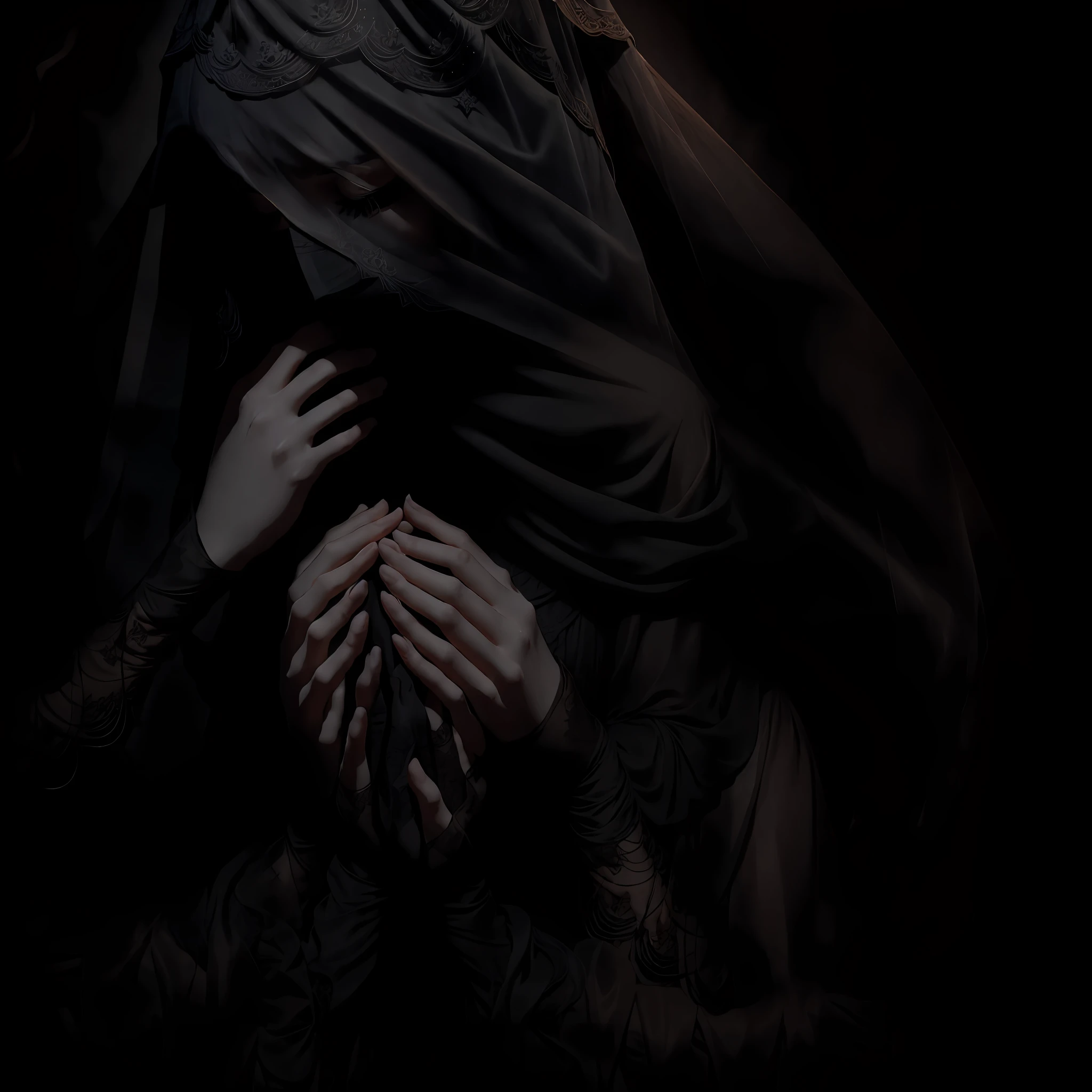 pale clasped hands under a ((dark veil))