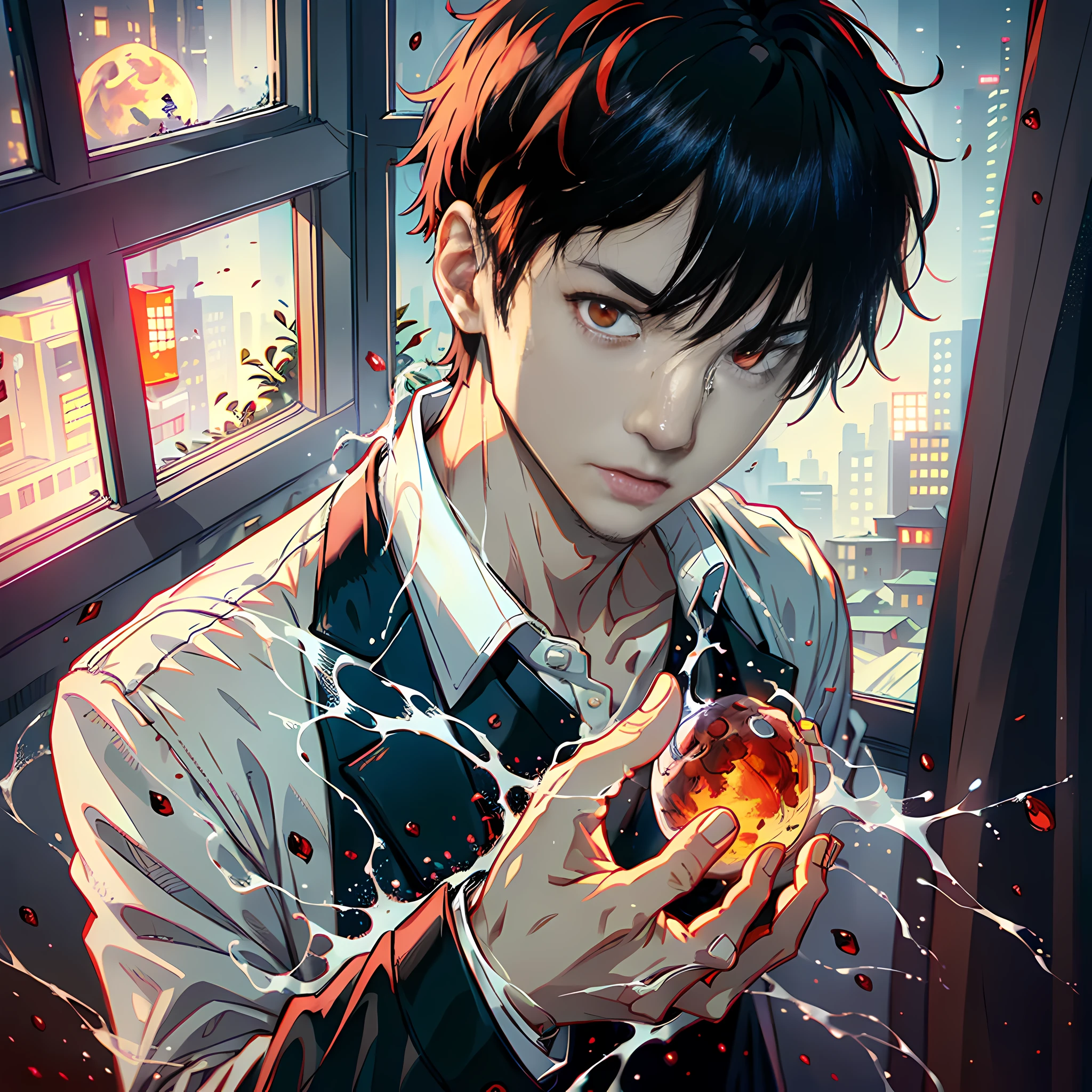 At night, by the window, Red Moon, a handsome boy, about to turn into a zombie, open hands, hands, hands, hands super detailed, face super detailed, black short hair, white suit, red eyes, side, face super detail, no blood, highly real, 4K, chiaroscuro, super high detail