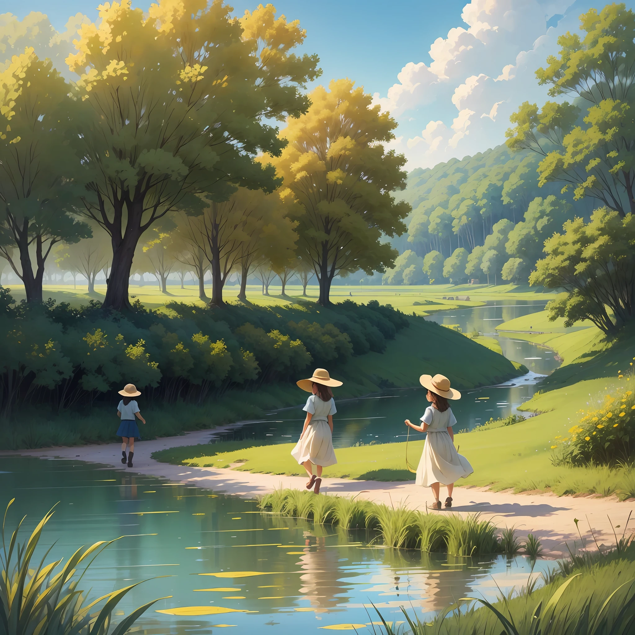 By the lake, a group of children frolic happily and splash the water. A lush forest surrounds a tranquil lake, the surface of which sparkles and reflects the blue sky and white clouds. Some families have picnics in the shade and enjoy the good times of summer.
In the distance, golden wheat fields sway in the wind, like a golden ocean. Farmers are harvesting their crops to celebrate the harvest season. On the other side of the field, some young people are flying kites, colorful kites dancing in the blue sky_ghibli_anime_style style --auto --s2