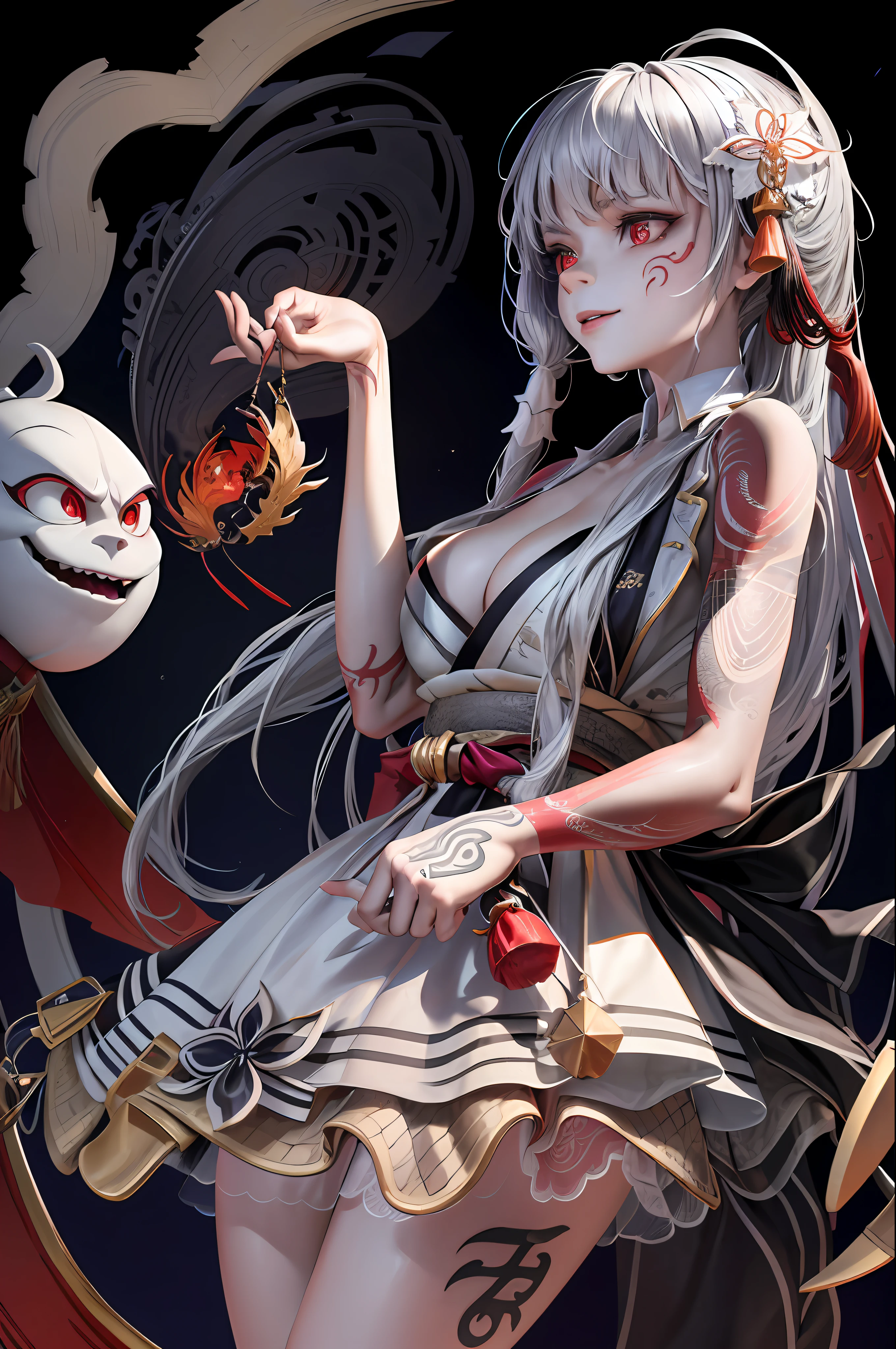 Masterpiece, top quality, Chinese fairy, one girl \(loli\) and an iris red dragon,((Chinese dragon glaring at the girl)),live-action dragon:5,dark gray background, masterpiece, best quality, high quality,(red eyes with dark red glow), (in profile), (darkness:1.2), abstraction, deep sea, award-winning photography, depth of field, HDR, very detailed, trending in art station, trending in CGsociety, complex, high detail,(Masterpiece:1.2, highest quality)(Best lighting, very delicate and beautiful)(Best lighting, very delicate and beautiful)(Best detailed face)(Detailed face with detailed eyes:1.2), (Young girl, Little Beast, 1girl, Solo, Crazy smile, Pale skin,G cup,Cleavage,19 piercings,(( tattoos all over body, tribal tattoos all over legs)) gray hair, glowing red eyes, dynamic angle, vampires), pointy_ears,(depth of field),high contrast,cowboy shot,full body, ((chinese kimono)),punk costumes,