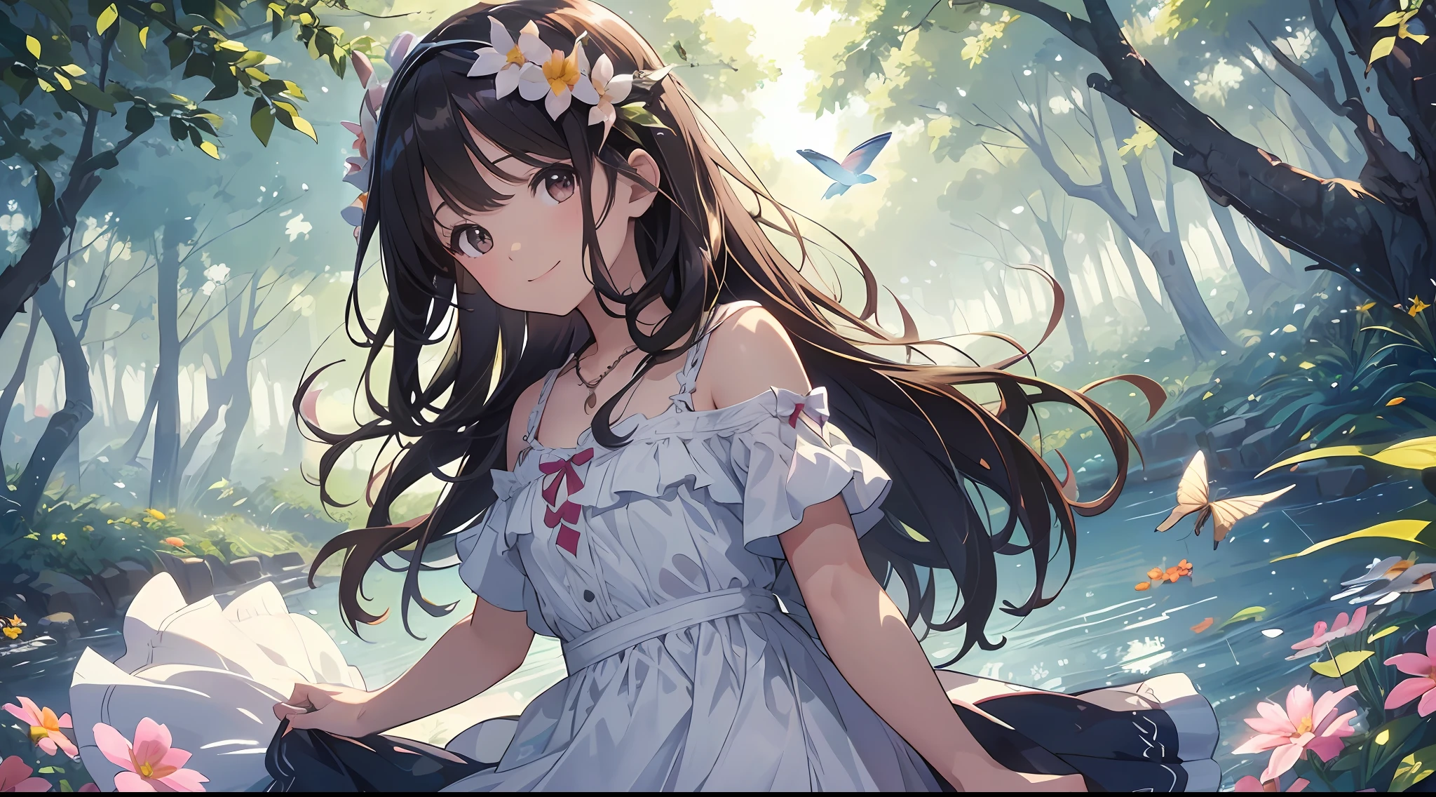 ((SFW))), Masterpiece, (High Quality), ((Photoreal)), (Cinematic Direction), (High Contrast), (Depth of Field: 1.3), (Award-winning Difference Photo: 1.1), (Face Detail), Detailed Drawing, There is a place in the forest where flowers bloom, Girl dancing in a snow-white summer dress in the flower field, Animals are jumping happily around the girl, Colorful little birds and butterflies flying around the girl,The girl is 11 years old,Black hair very long hair,Flower crown, full body figure, summer sky, summer clouds, summer dazzling sunlight, flower garden, girl with open arms, dancing, necklace, smile, smile, happy, fun, girl looking up at the sky, deer, flapping duck, flapping goose, hummingbird, European bulbul, kingfisher, European orli, butterfly, Dazzling halo light, (dazzling glow: .1.4, (glow: 1.3), backlit, (colorful petals soar in the wind: 1.4), strong wind
