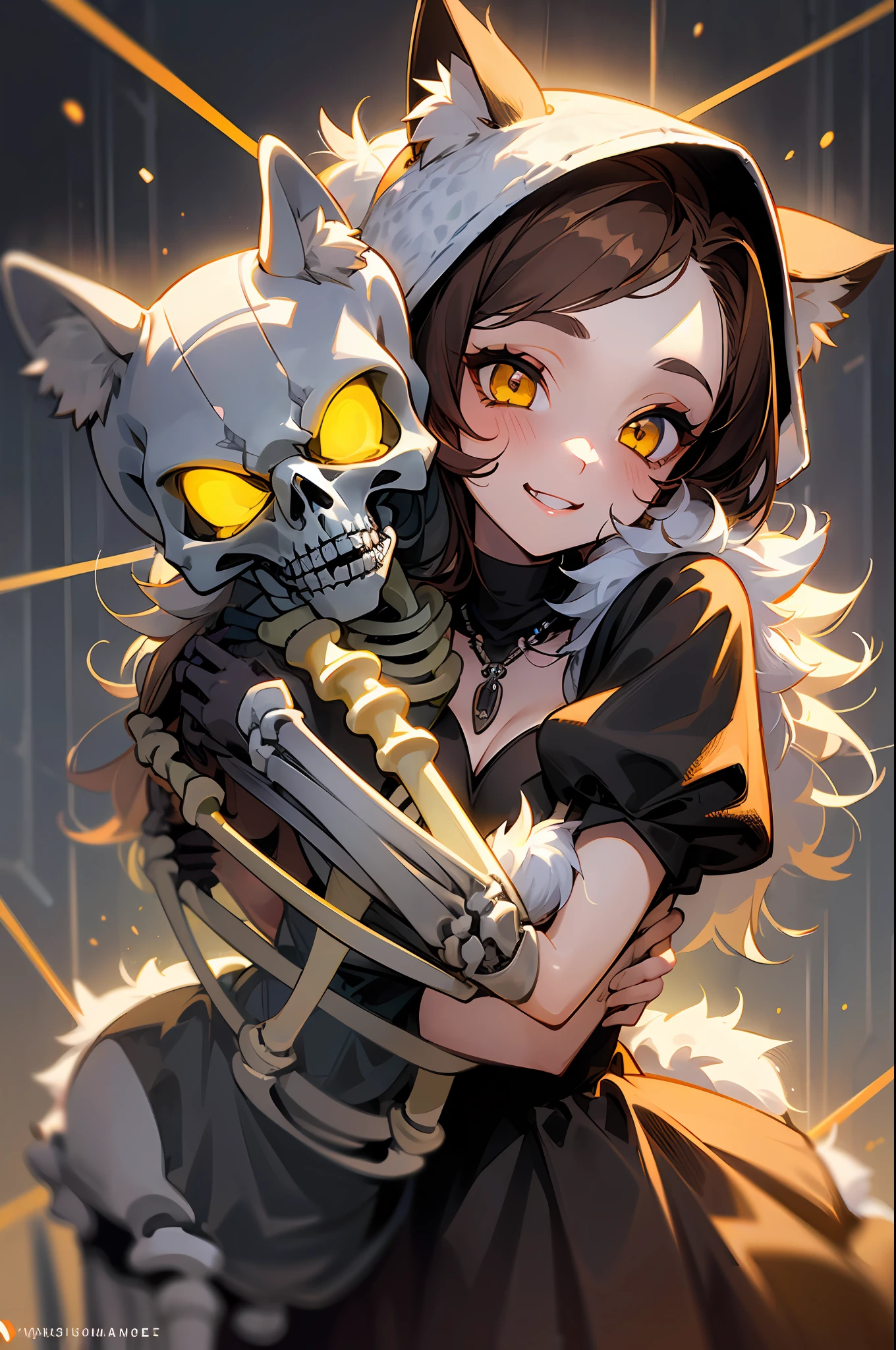((1Girl Hug 1catzombie , Bones, Cute, Skeleton, Fur, Cute. ))masterpiece, best quality, DanielaV4, 1girl, 3d render, brown hair, smile, teeth, yellow eyes, looking at viewer, dress, black dress, gloves, cleavage, jewelry, hood, necklace, blood, makeup