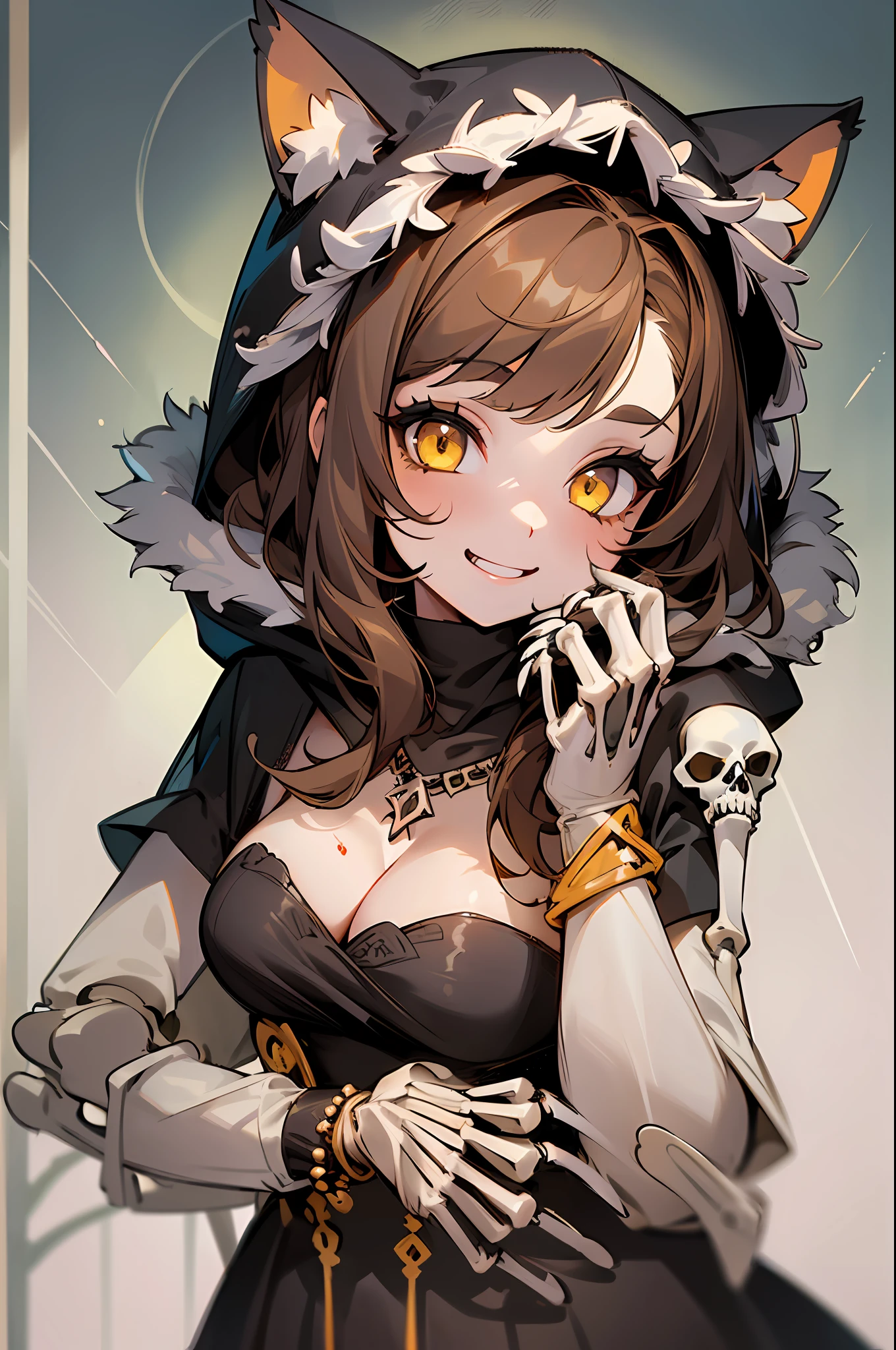 ((1Girl Hug 1catzombie , Bones, Cute, Skeleton, Fur, Cute. ))masterpiece, best quality, DanielaV4, 1girl, 3d render, brown hair, smile, teeth, yellow eyes, looking at viewer, dress, black dress, gloves, cleavage, jewelry, hood, necklace, blood, makeup