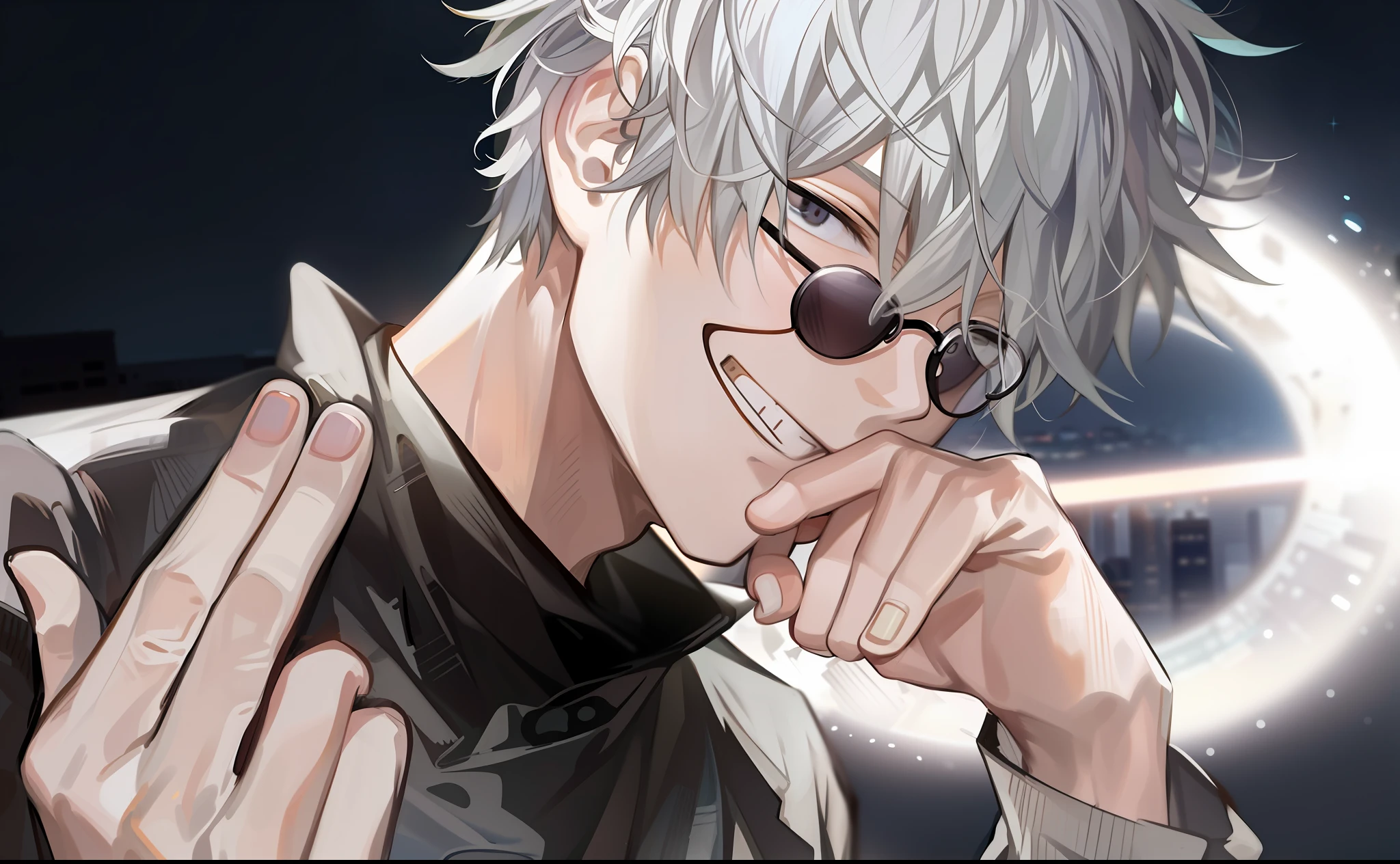 (masterpiece, best quality:1.2), cowboy shot, solo, male focus, 1boy, gojo satoru, smile, hands in pockets, black round circle glasses, black jacket, highest quality digital art, rtx, ray tracing,night, moonlight,on top of a building, night lights,city