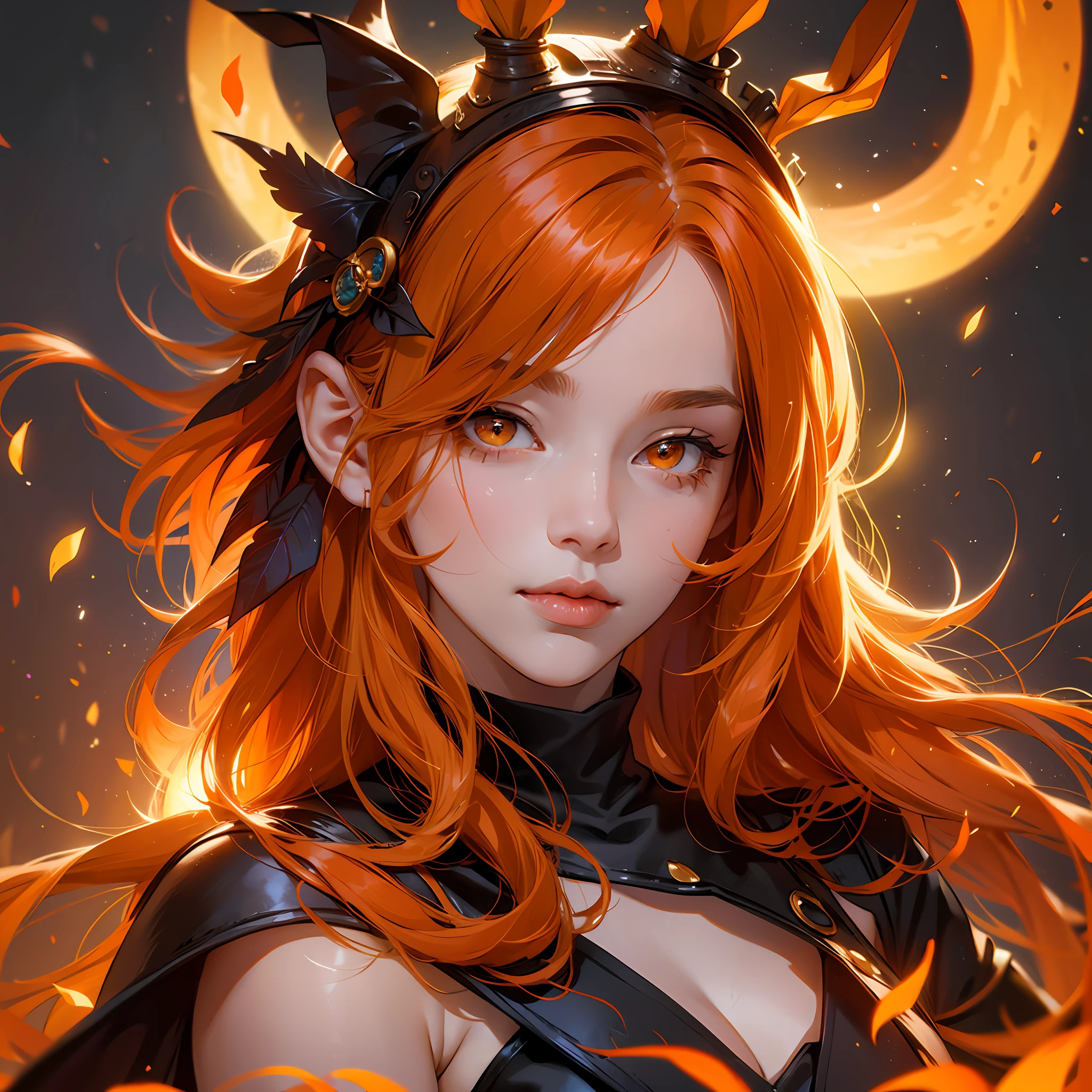 1 girl, hair covering one eye, orange hair, long hair, orange eyes, orange rabbit ears, (mature), (adult), fantasy clothing, glowing light, 4K --auto --s2
