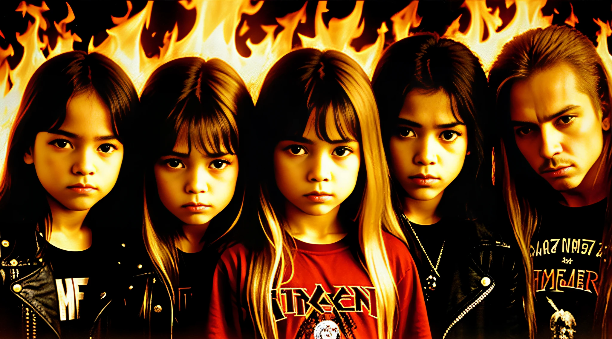 3 girlsRussian  with 10 yearsONG STRAIGHT HAIR blonde, PORTRAIT STYLE, , with a photo of a man standing, Infernal, Iron Maiden, Kyuyong Eom and Boris Vallejo, Johnny Silverhand, Metallica, Human Need Death Angel, Disturbed, Myself, Arson, Doom Metal, Heavy Rock Band Promo Photo, Engulfed in Flames, Dio, Burning in Hell