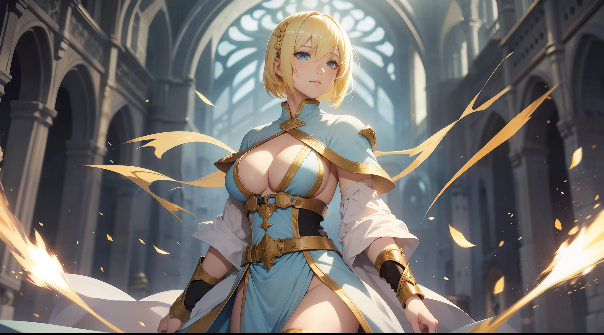 cleric, bangs, light yellow hair, short hair, light blue eyes, hair between eyes, blurred background, high resolution, large breasts, full body, fantasy, medieval