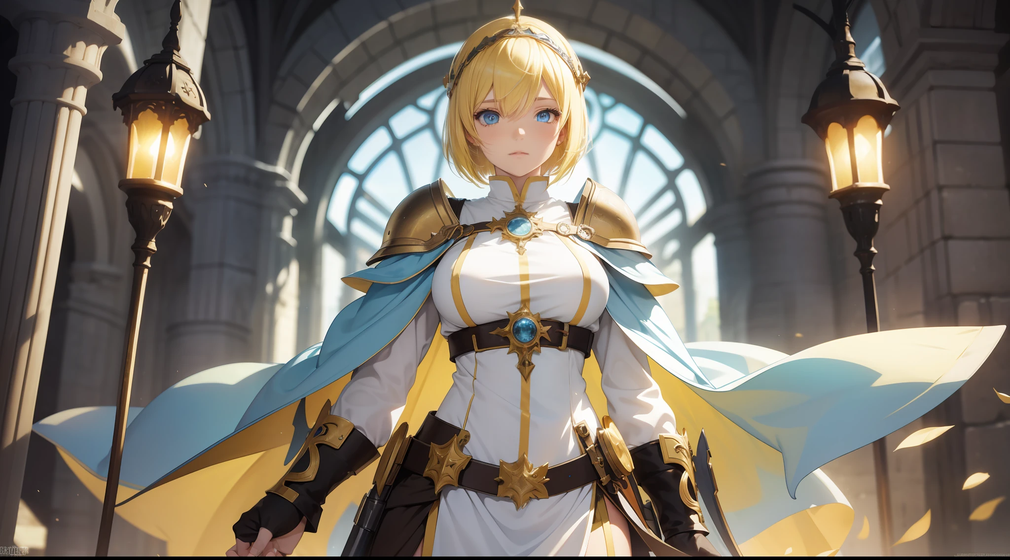 cleric, bangs, light yellow hair, short hair, light blue eyes, hair between eyes, blurred background, high resolution, large breasts, full body, fantasy, medieval