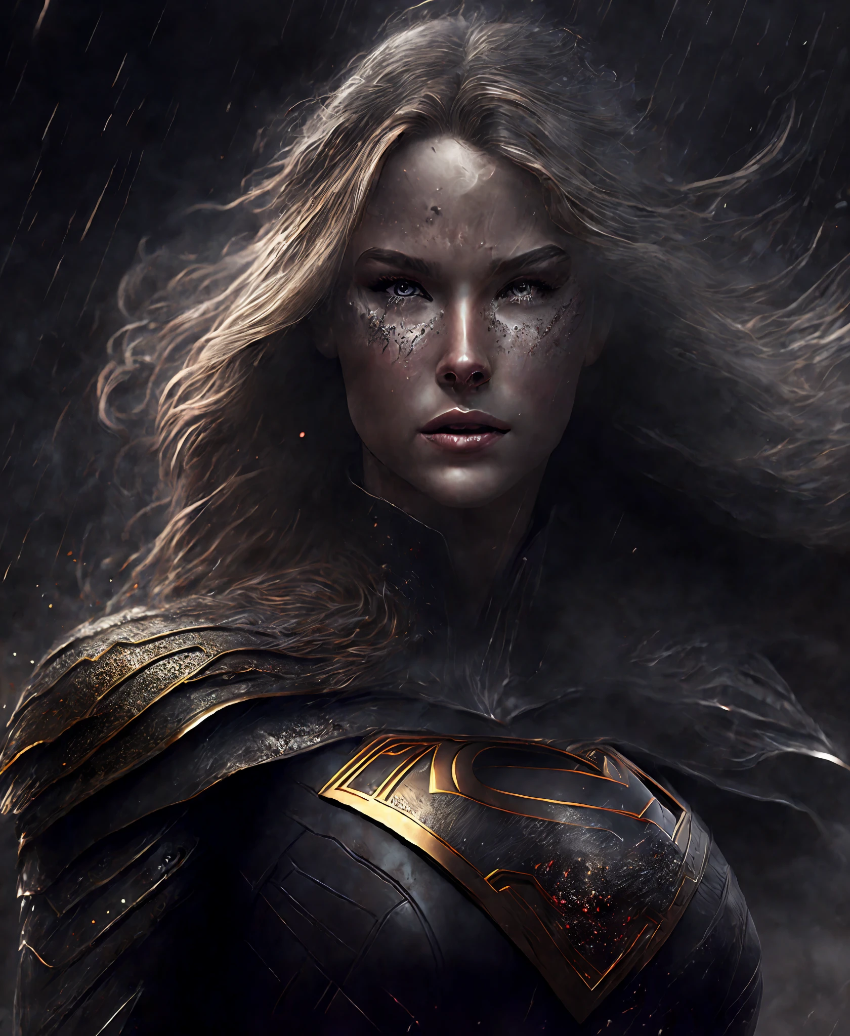 Close-up (Supergirl from DC in Viking style: 1.3) emerging from wet black mud, extremely detailed, smoke, sparks, metal shavings, flying debris, volumetric light