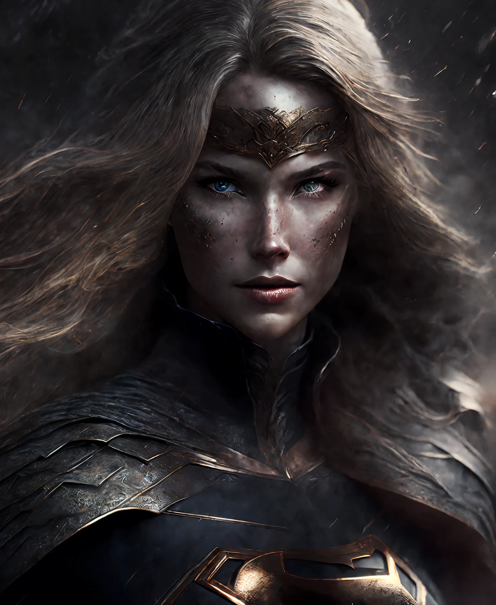Close-up (Supergirl from DC in Viking style: 1.3) emerging from wet black mud, extremely detailed, smoke, sparks, metal shavings, flying debris, volumetric light