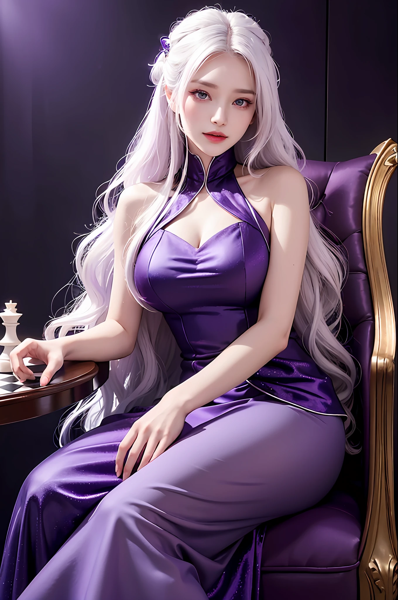 Realistic, High resolution, 1 girl, white wavy hair, purple witch dress, high neck purple dress with stars, dressed gorgeously and conservatively, Korean, heterochromatic eyes, evil witch, royal sister, sitting, (chess), indoors, looking into camera, (laughing evilly), upper teeth, hand support cheek, eye shadow,