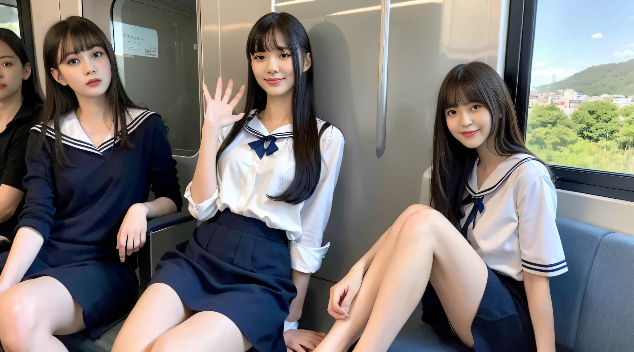 (8k, RAW photo, top quality, masterpiece: 1.2), super detail, super resolution, (realistic, real photo: 1.37), distant camera, high resolution RAW color photo, real human, feminine gesture, highlight beautiful legs, very realistic, super high quality, 8k wallpaper, amazing details, correct human structure, human body based on anatomy, very detailed beautiful girl, very detailed face very detailed eyes, very realistic skin, very detailed fingers, highly detailed nose, very detailed mouth, very delicate limbs,anatomical body perfect anatomy, very detailed background, highly detailed clothes, , pretty girl, famous Japan idol, cute, realistic body, slender, white skin, glowing skin, slim body, long straight hair, (dull bangs:1.2), realistic face, delicate eyes, double eyelids, sailor suit, on the train after school, beautiful and thin legs, taken from afar, delicate scenery in the train window Sitting on a train chair, crossing legs while sitting, Beautiful legs, high school girl leaning on a train chair, angel smile, the cutest face in the world, humanistic style Faithful to the human structure, four female proofreading frolicking, red ribbon, sexy legs, emphasizing femininity, Looking at the camera, looking up, blue che skirt, delicate skirt, legs stretched, beautiful and elongated legs, elongated beautiful legs, boyfriend perspective