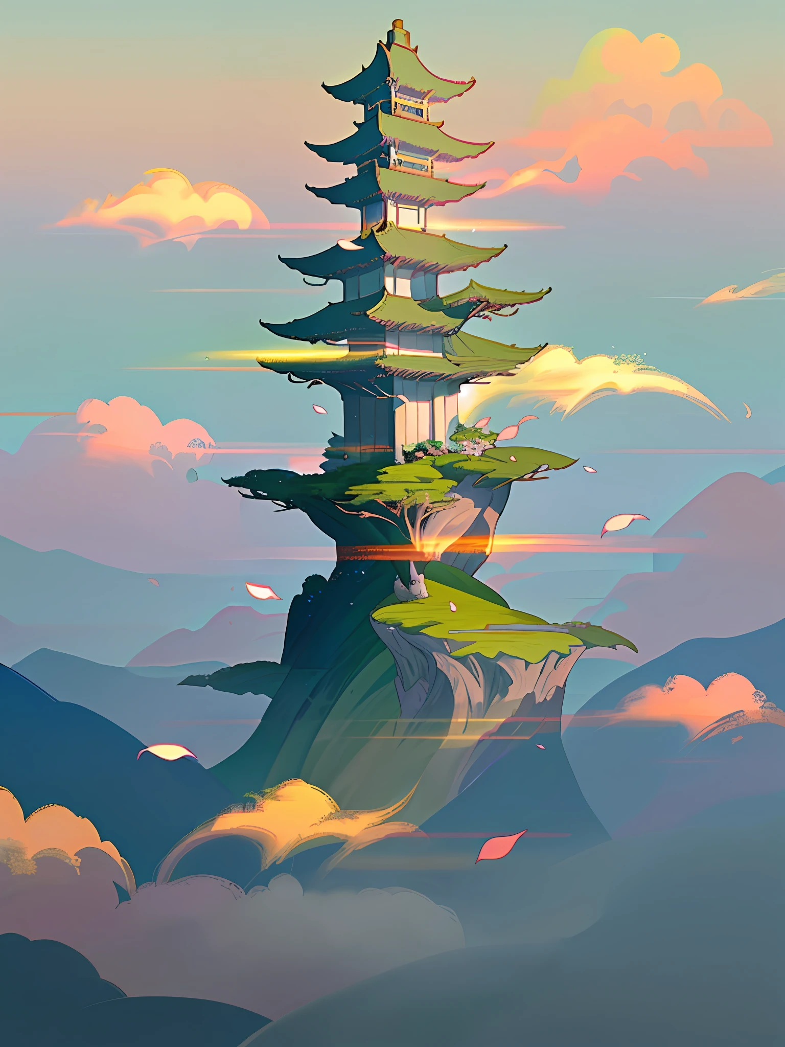 A grand scene, flat mountain wall, a waterfall with exquisite and grand buildings on it, mountain wall with buildings, fog lingering, cloudy days, sky with clouds, Tyndall effect, (Chinese landscape), (Zen, Amy Sol style), (spring, peach blossoms, petals, green grass, ancient Chinese architecture), light abstract cover art, abstraction, simple vector art, contemporary Chinese art, color gradient, pastel color palette, layered form, whimsical animation, style ethereal abstraction