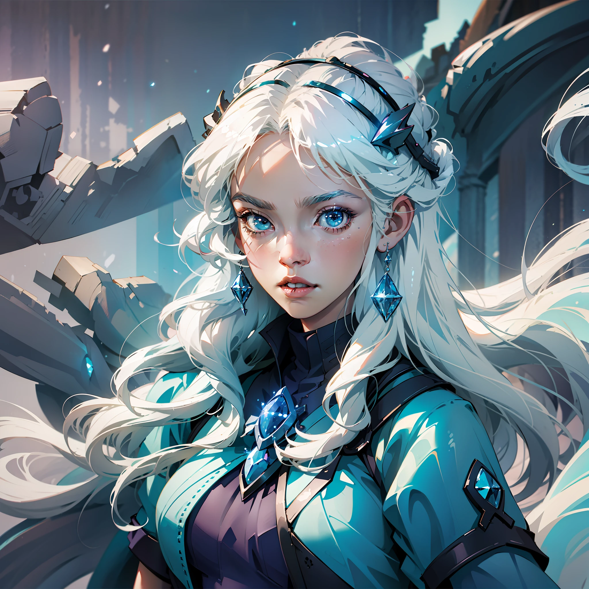 Extremely detailed really cute young ice princess with white hair, magical looking, soft colors, jrpg, cartoonish vector, volumetric lights, very detailed scenery, 8k CG Unity wallpaper, in the style of best illustrators, best quality