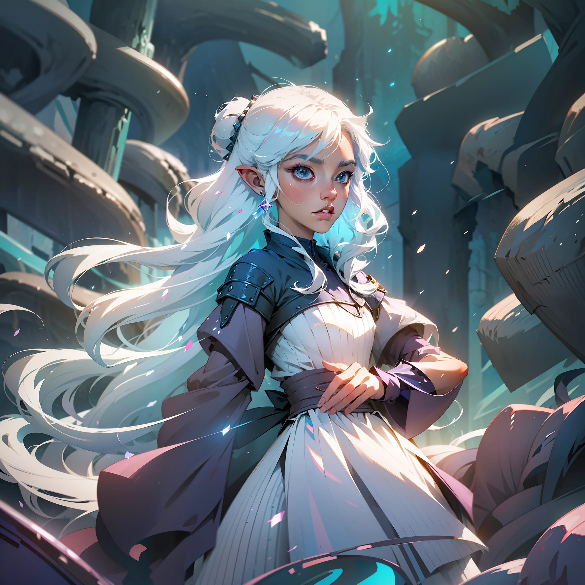 Extremely detailed really cute young ice princess with white hair, magical looking, soft colors, jrpg, cartoonish vector, volumetric lights, very detailed scenery, 8k CG Unity wallpaper, in the style of best illustrators, best quality