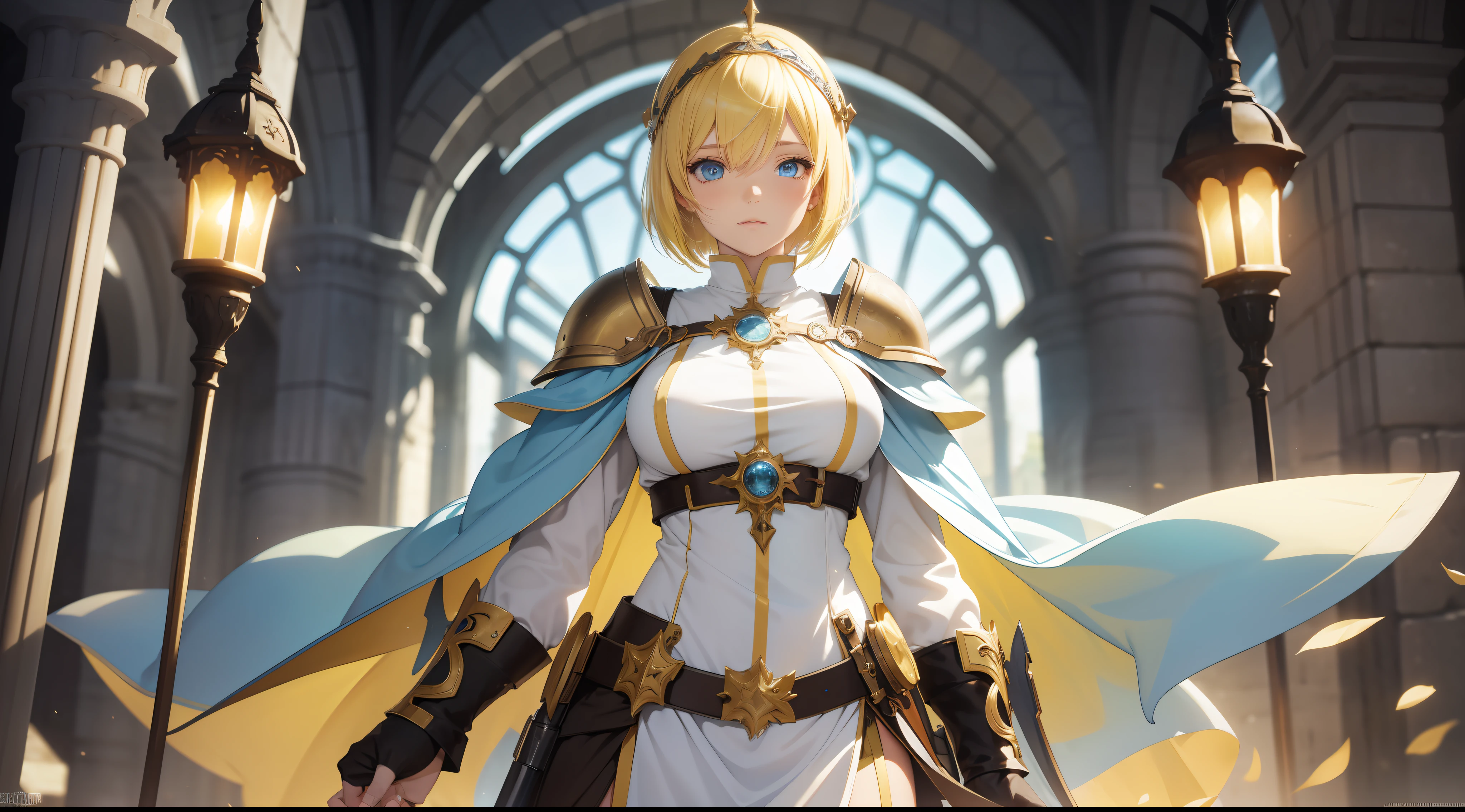 cleric, bangs, light yellow hair, short hair, light blue eyes, hair between eyes, blurred background, high resolution, large breasts, full body, fantasy, medieval