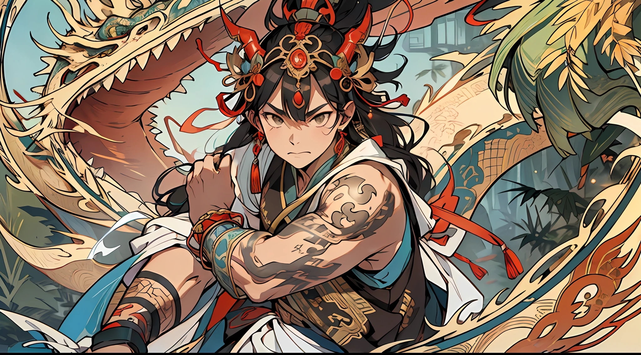 best quality, 4K, HDR, solo, (anime: 1.2), (male: 1.5), (juvenile: 1.2), a Chinese dragon horn on the head, earrings on the ears, bracelets on the wrists, (metal ankle rings on the ankles: 0.2), ancient Chinese style, (upper body: 0.3), long hair, (fair skin: 1.5), dance moves, (tattoo: 0.2),