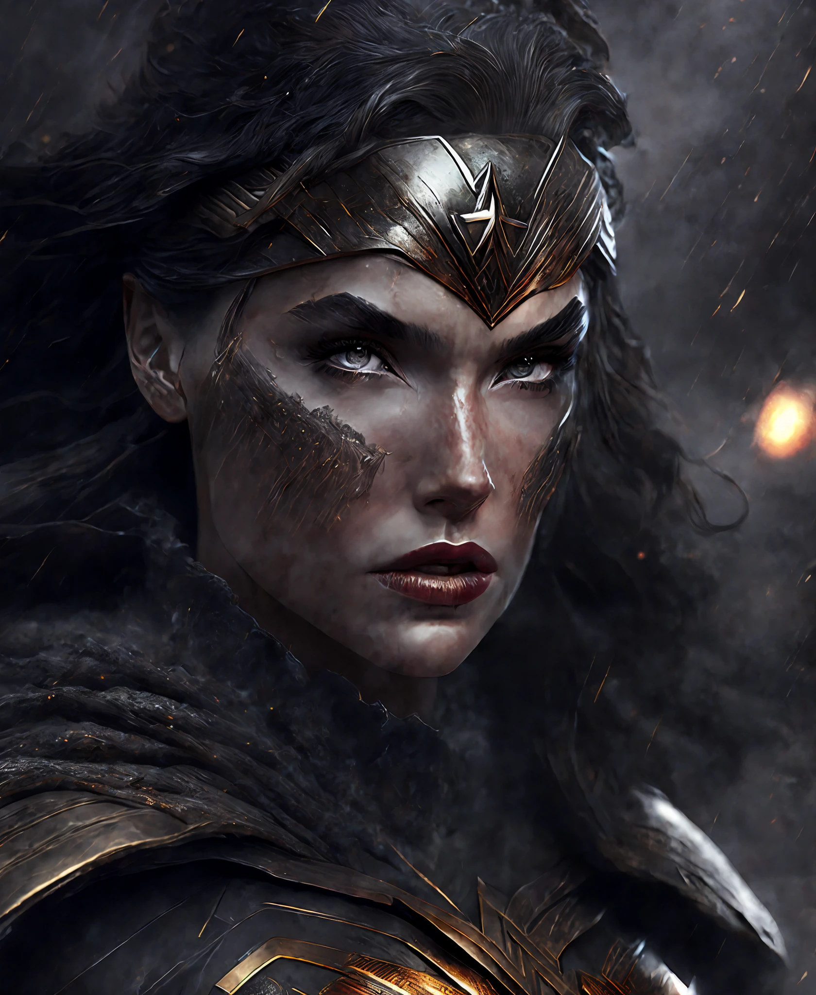 Close-up (Wonder Woman from DC in Viking style: 1.3) emerging from wet black mud, extremely detailed, smoke, sparks, metal shavings, flying debris, volumetric light