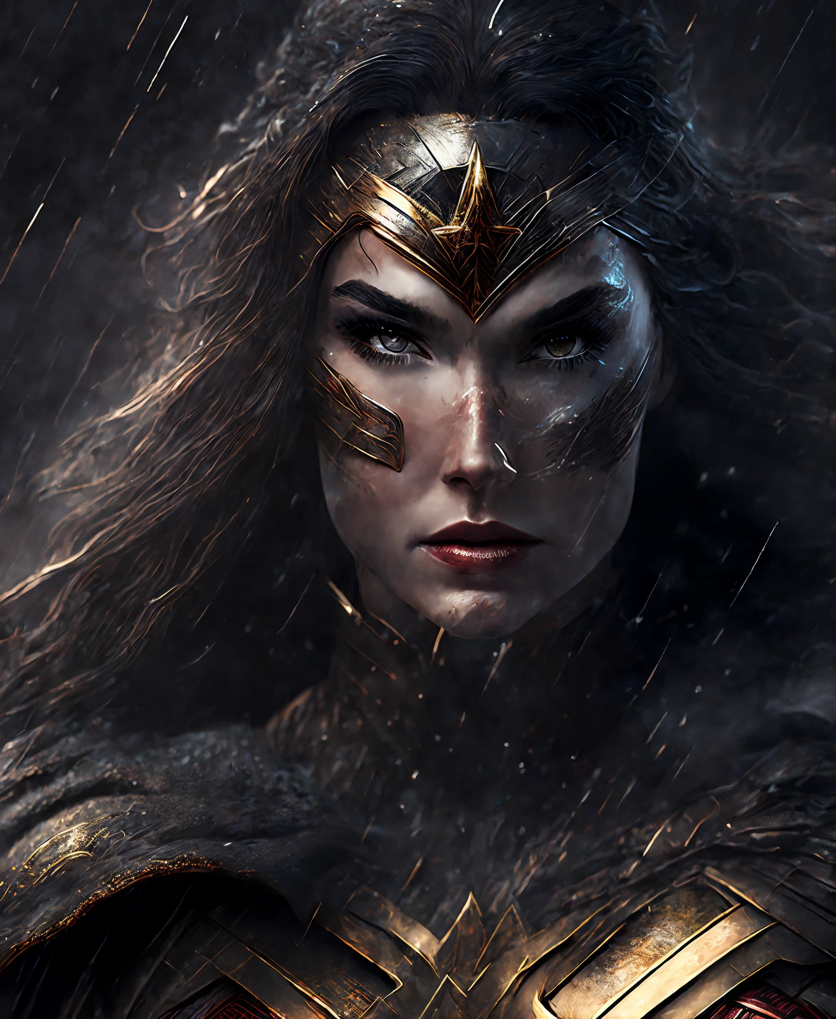 Close-up (Wonder Woman from DC in Viking style: 1.3) emerging from wet black mud, extremely detailed, smoke, sparks, metal shavings, flying debris, volumetric light