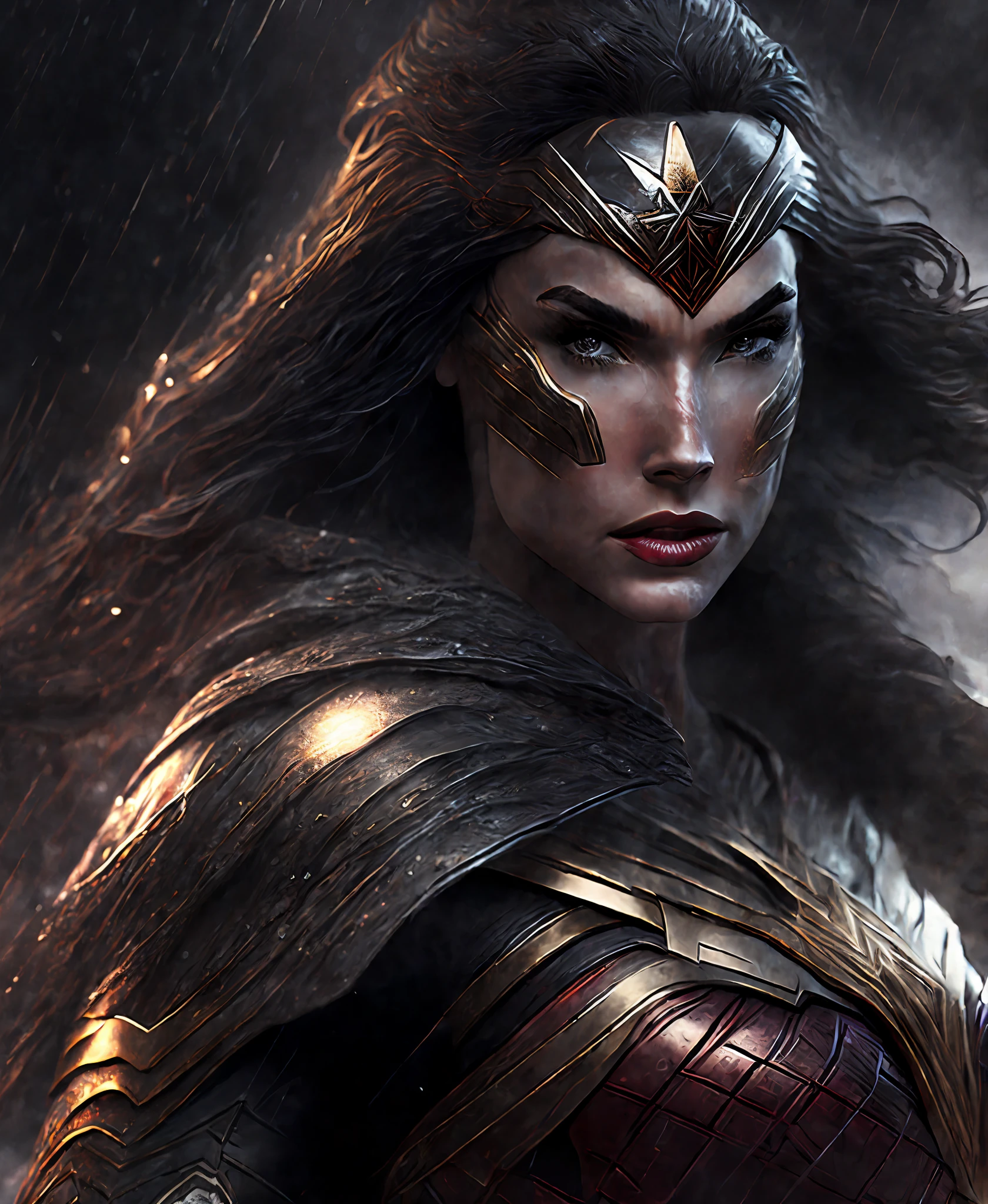 Close-up (Wonder Woman from DC in Viking style: 1.3) emerging from wet black mud, extremely detailed, smoke, sparks, metal shavings, flying debris, volumetric light
