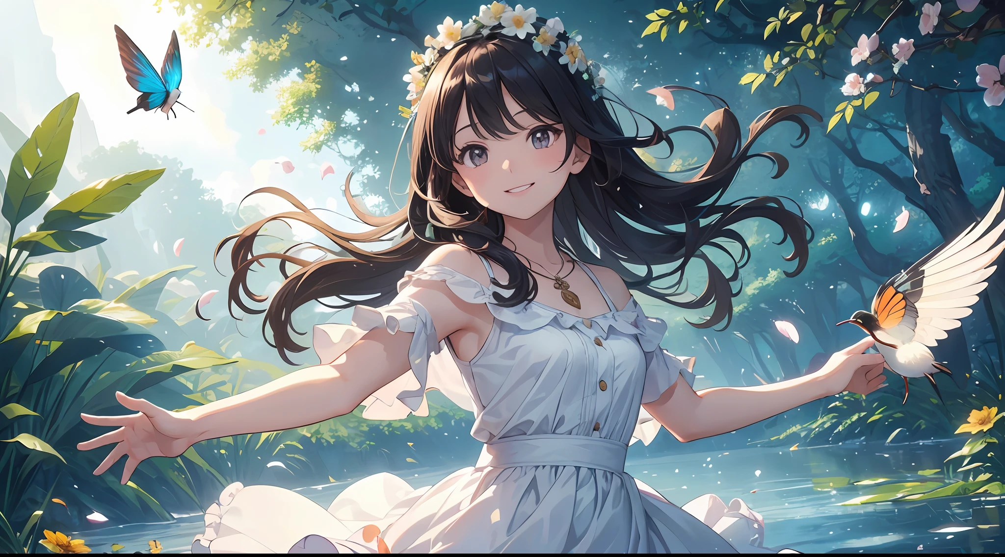 ((SFW))), Masterpiece, (High Quality), ((Photoreal)), (Cinematic Direction), (High Contrast), (Depth of Field: 1.3), (Award-winning Difference Photo: 1.1), (Face Detail), Detailed Drawing, There is a place in the forest where flowers bloom, Girl dancing in a snow-white summer dress in the flower field, Animals are jumping happily around the girl, Colorful little birds and butterflies flying around the girl, the girl is 11 years old, black hair very long hair, flower crown, full body figure, summer sky, summer clouds, summer dazzling sunlight, (flower garden), girl with open arms, dancing, necklace, smile, smile, happy, fun, girl looking up at the sky, deer, flapping duck, winged goose, hummingbird, European bulbul, kingfisher, European oruri, Butterfly, dazzling halo light, (dazzling glow: .1.4, (glow: 1.3), backlit, (colorful petals soaring in the wind: 1.4), strong wind