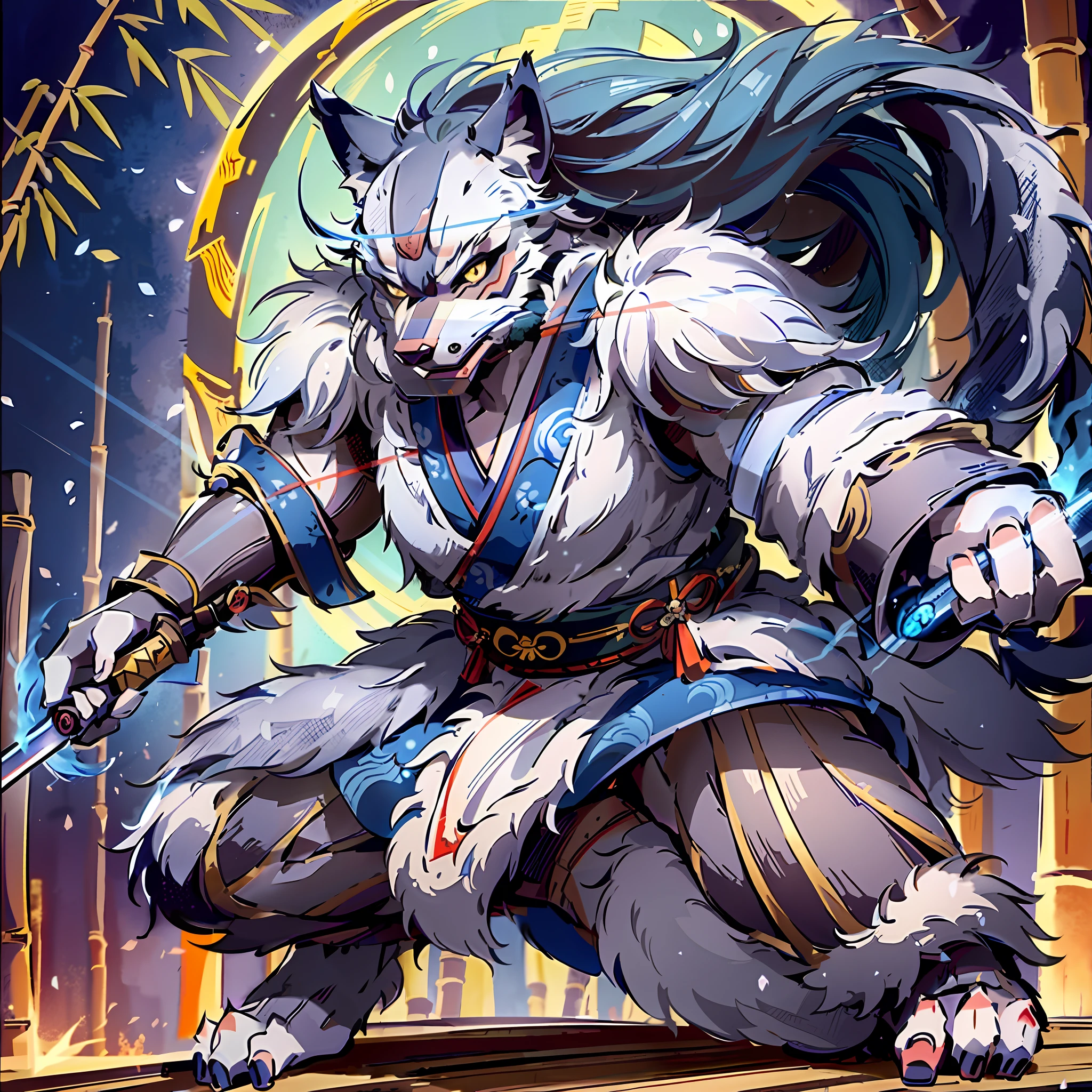 Top quality ultra-fine illustrations, movie poster, Zatoichi, Blind Swordsman, shuimobysim, Chōjū-jinbutsu-giga, picture scroll, monochrome(bamboo forest, dark night with beautiful full moon, rays of light through bamboo, backlighting) (beautiful face and eyes with great detail) absurdres perfect anatomy ((Beastman))) (furry, solo focus, Japanese kimono, ninja, samurai, sword with blue flames, battle duels) (furry anthro:1.7) ((((furry body, wolf facial features, wolf body features)))) ((((wolf muzzle highly detailed fur)))) full body, sturdy look, shouting, combat regime (dynamic pose),