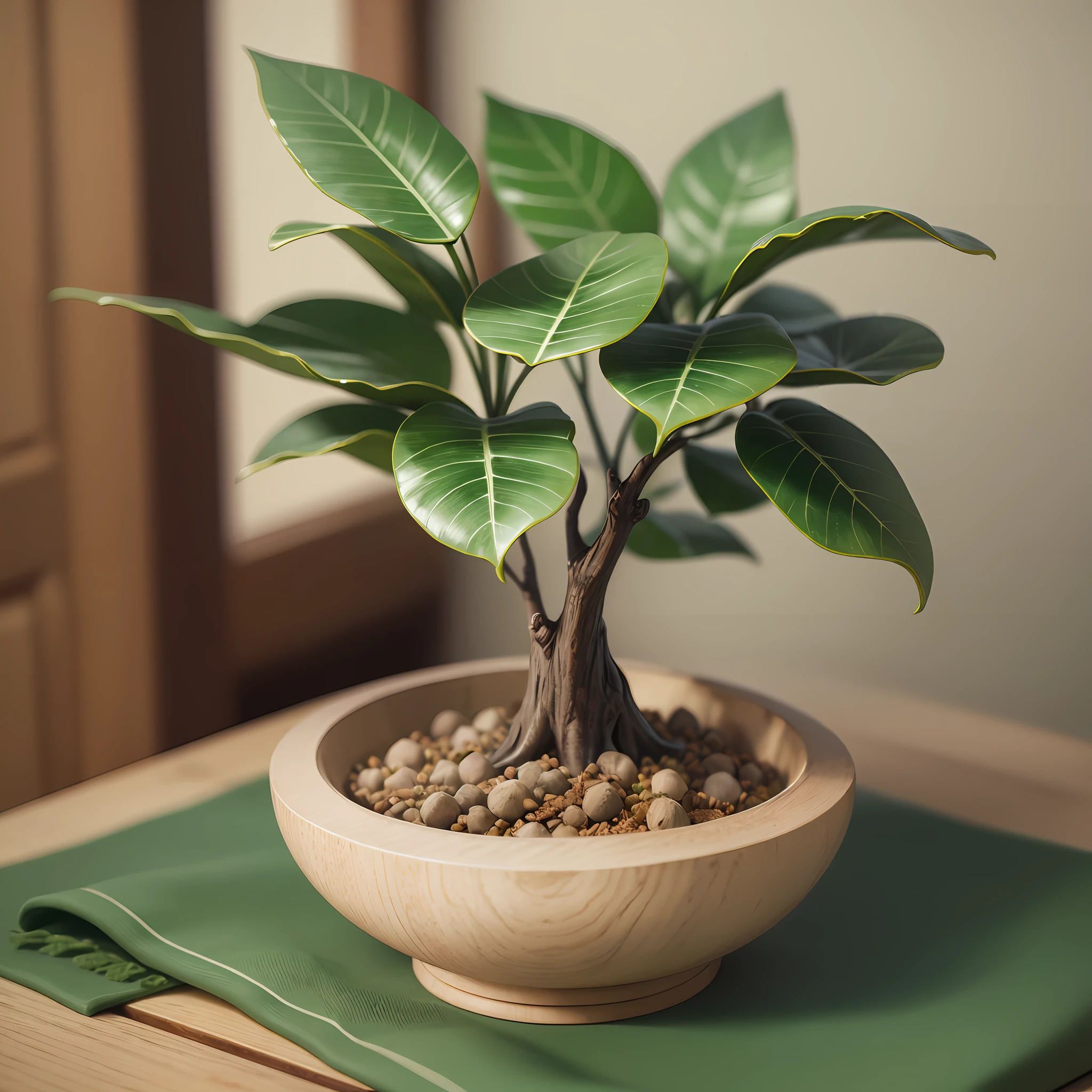 banyan, realistic, plant, fresh, moisturized, shiny, green, palm-sized, small bowl, cute, miniature, photo, high definition, tabletop, fashionable, mossed, office, stylish --auto --s2