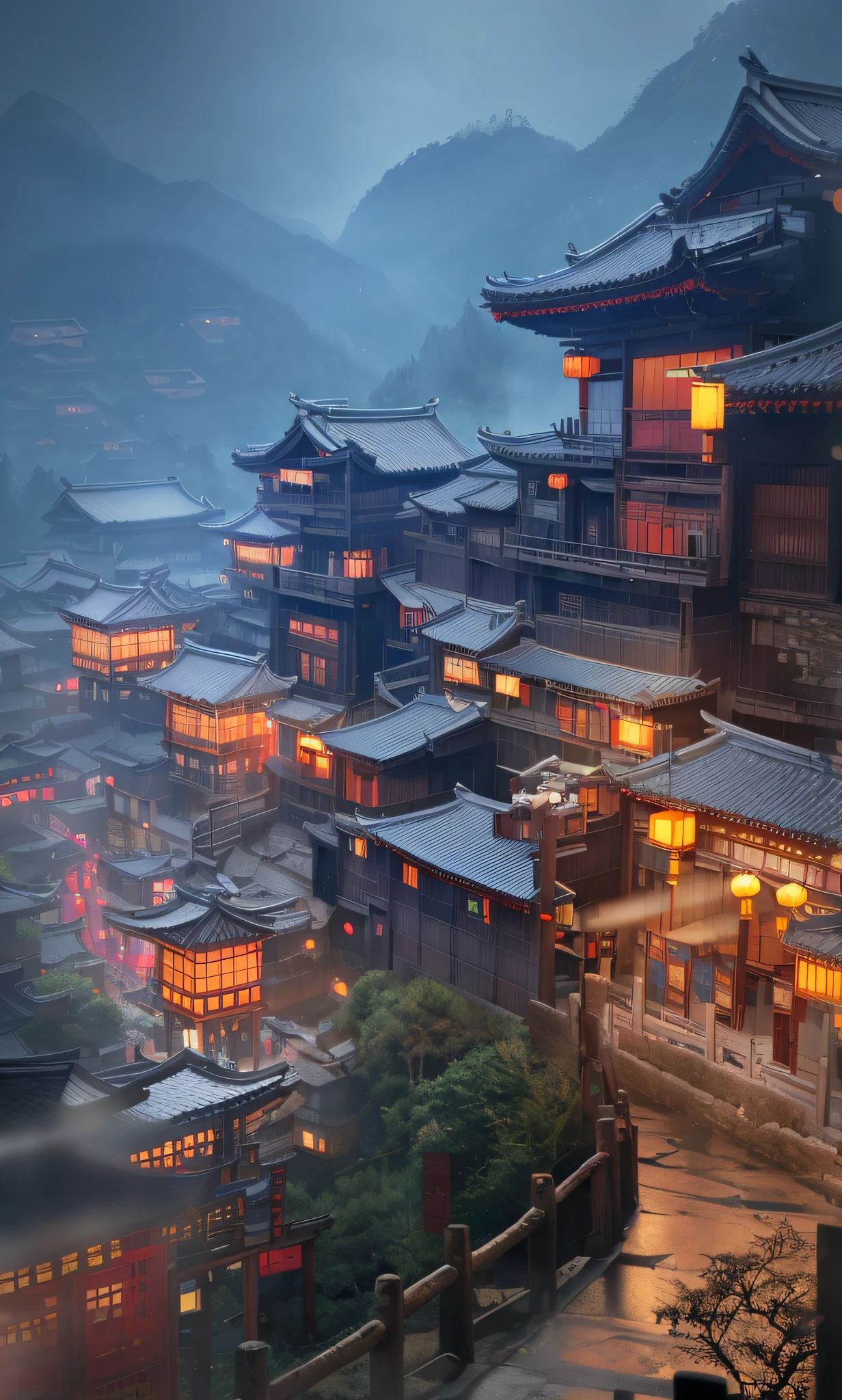 arafed view of a village with a lot of lights on the buildings, dreamy chinese town, chinese village, amazing wallpaper, japanese town, japanese village, hyper realistic photo of a town, old asian village, japanese city, by Raymond Han, rainy evening, cyberpunk chinese ancient castle, beautifully lit buildings, at evening during rain, beautiful and aesthetic, photography, cinematic, 8k, high detailed ((Heavy rain)))