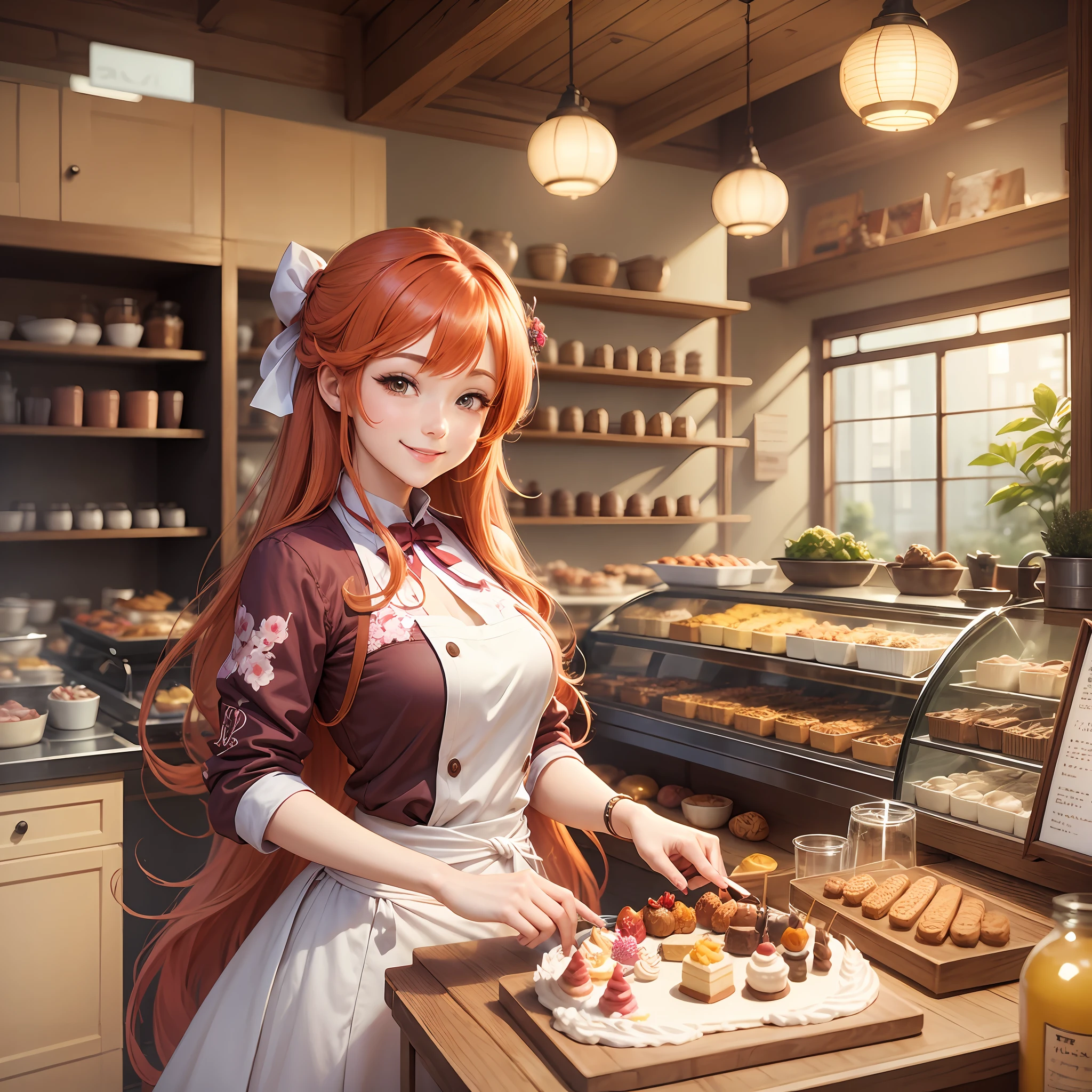 Beautiful female pastry chef, smiling, super long chestnut hair, colorful cake shop interior, in Japanese anime style. --auto --s2