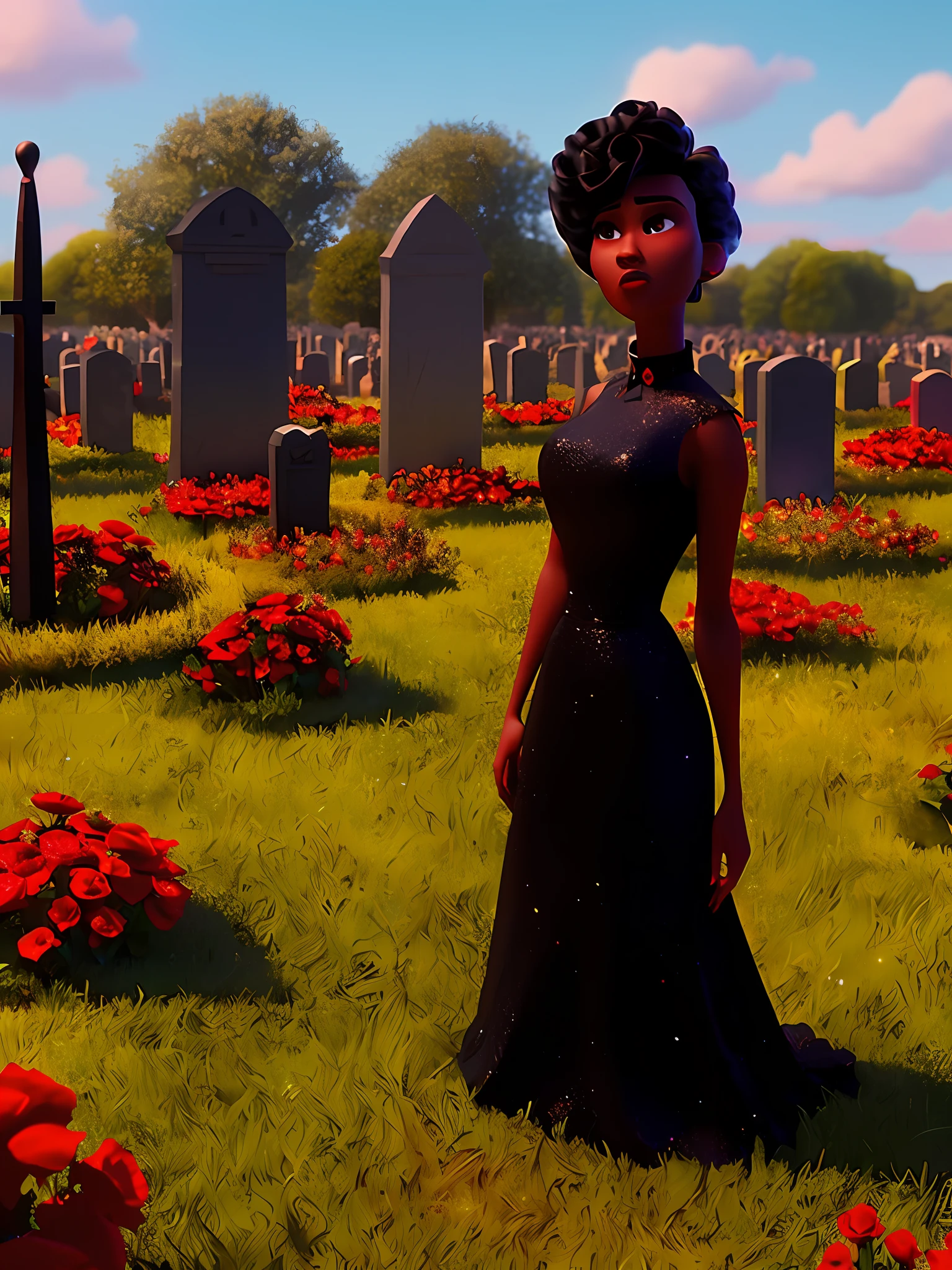 Beautiful black woman, long red dress, graveyard, (Pixar style) (masterpiece:1.2) (bokeh) (best quality) (detailed skin) (detailed texture) (8k) (claymation) (cinematic lighting) (sharp focus)