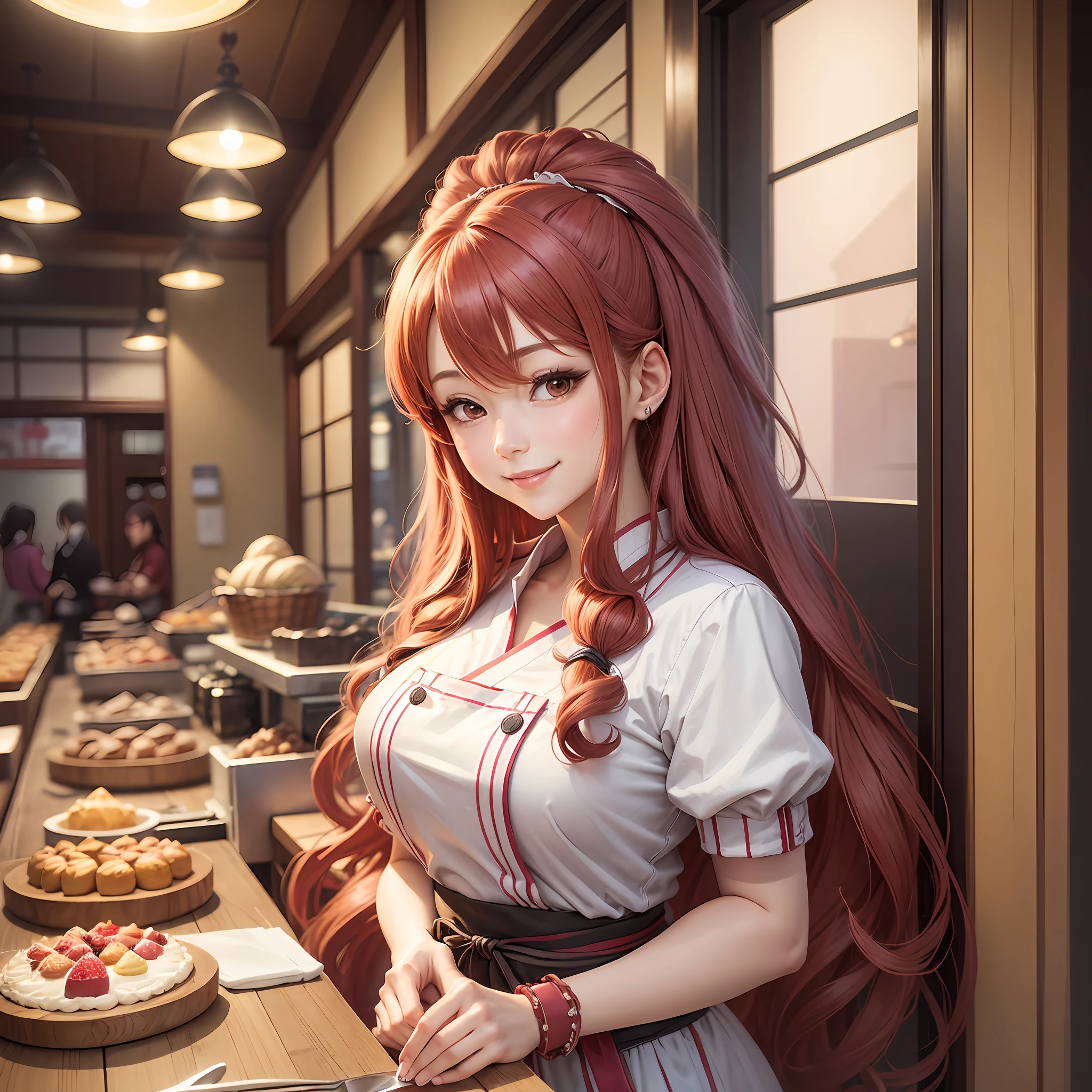 Beautiful female pastry chef, smiling, super long chestnut hair, colorful cake shop interior, in Japanese anime style. --auto --s2