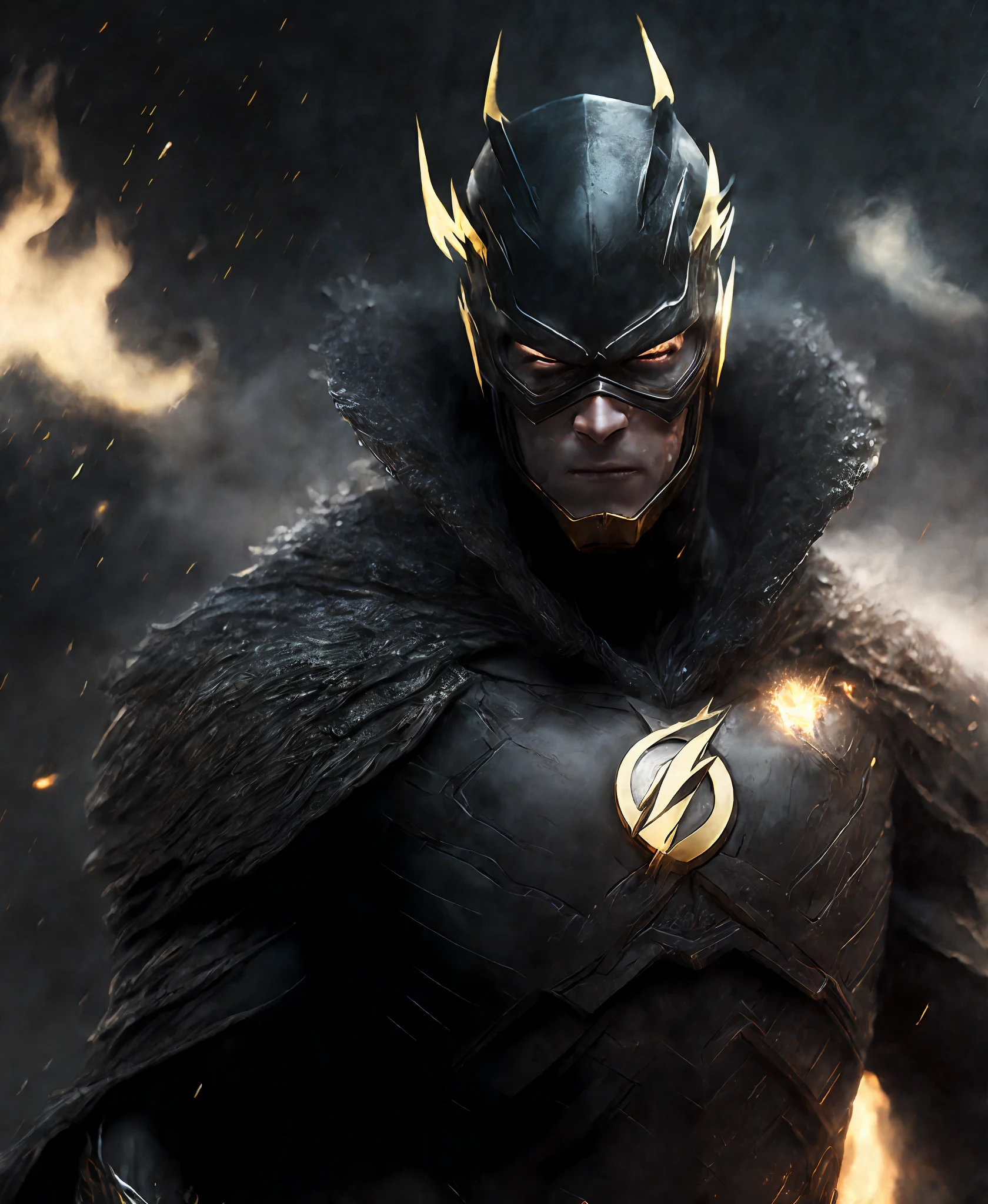 Close-up (Ghost Flash from DC in Viking style: 1.3) emerging from wet black mud, extremely detailed, smoke, sparks, metal shavings, flying debris, volumetric light