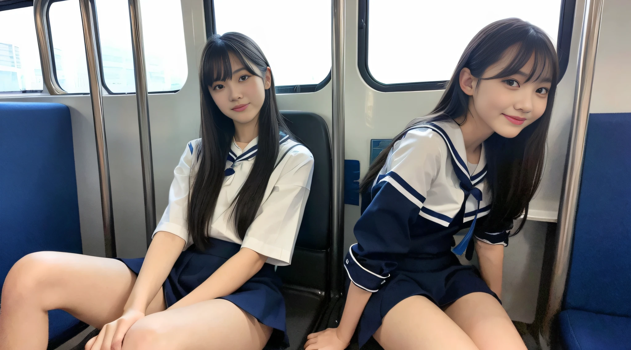 (8k, RAW photo, top quality, masterpiece: 1.2), super detail, super resolution, (realistic, real photo: 1.37), distant camera, high resolution RAW color photo, real human, feminine gesture, highlight beautiful legs, very realistic, super high quality, 8k wallpaper, amazing details, correct human structure, human body based on anatomy, very detailed beautiful girl, very detailed face very detailed eyes, very realistic skin, very detailed fingers, highly detailed nose, very detailed mouth, very delicate limbs,anatomical body perfect anatomy, very detailed background, highly detailed clothes, teen, pretty girl, famous Japan idol, cute, realistic body, slender, white skin, glowing skin, slim body, long straight hair, (dull bangs:1.2), realistic face, delicate eyes, double eyelids, sailor suit, on the train after school, beautiful and thin legs, taken from a distance, delicate scenery in the train window Sitting on a train chair, cross-legged while sitting, high school girl leaning on a train chair, angel smile, the cutest face in the world, human-like style True to the human structure, female proofreading frolicking with 4 people, red ribbon, sexy legs, emphasis on femininity, looking at the camera, looking up, Blue Che skirt, delicate skirt, legs extended, beautiful and elongated legs, elongated beautiful legs, boyfriend gaze 2 legs for 1 person, accurate anatomy