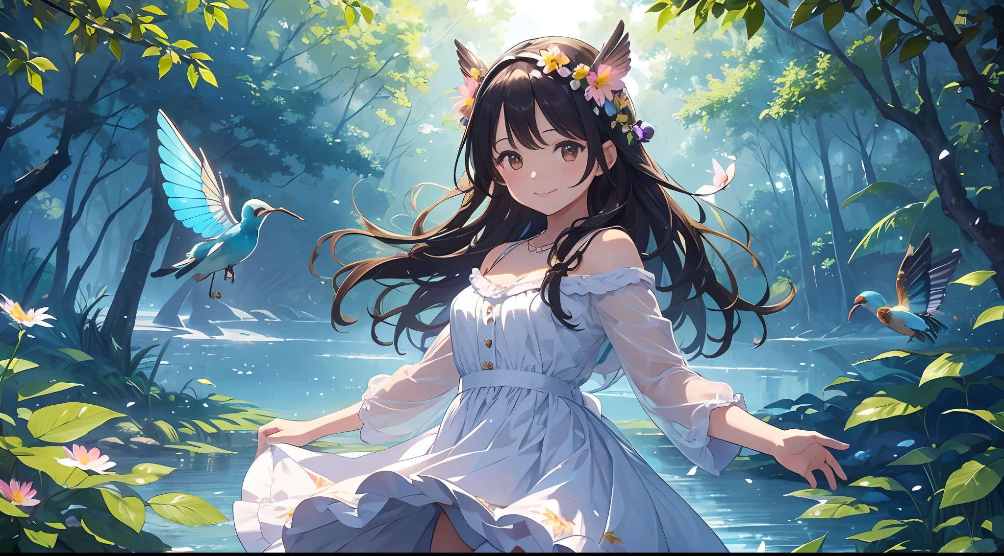 ((SFW))), Masterpiece, (High Quality), ((Photoreal)), (Cinematic Direction), (High Contrast), (Depth of Field: 1.3), (Award-winning Difference Photo: 1.1), (Face Detail), Detailed Drawing, There is a place in the forest where flowers bloom, Girl dancing in a snow-white summer dress in the flower field, Animals are jumping happily around the girl, Colorful little birds and butterflies flying around the girl, the girl is , black hair very long hair, flower crown, full body figure, summer sky, summer clouds, summer dazzling sunlight, (flower garden), girl with open arms, dancing, necklace, smile, smile, happy, fun, girl looking up at the sky, deer, flapping duck, winged goose, hummingbird, European bulbul, kingfisher, European oruri, Butterfly, dazzling halo light, (dazzling glow: .1.4, (glow: 1.3), backlit, (colorful petals soaring in the wind: 1.4), strong wind