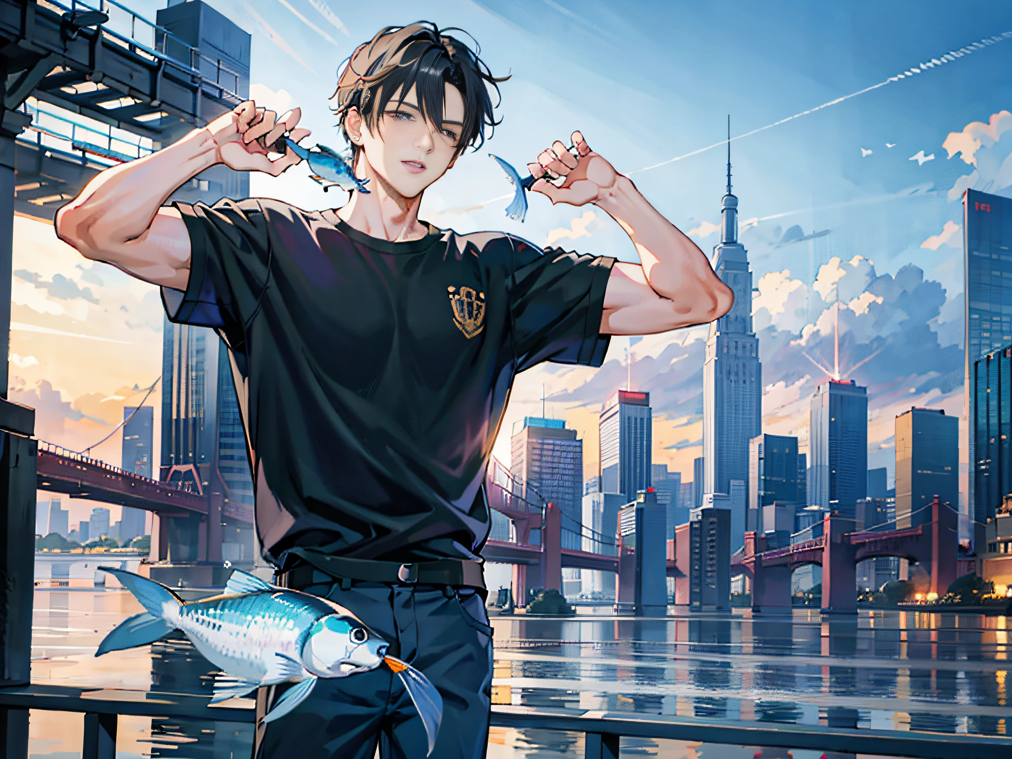 anime boy with a fish in his hand and a city in the background, handsome anime pose, 4 k manga wallpaper, badass anime 8 k, anime style 4 k, 4k anime wallpaper, high detailed official artwork, anime wallpaper 4k, anime wallpaper 4 k, official art, official illustration, male anime style, anime art wallpaper 8 k, digital anime illustration