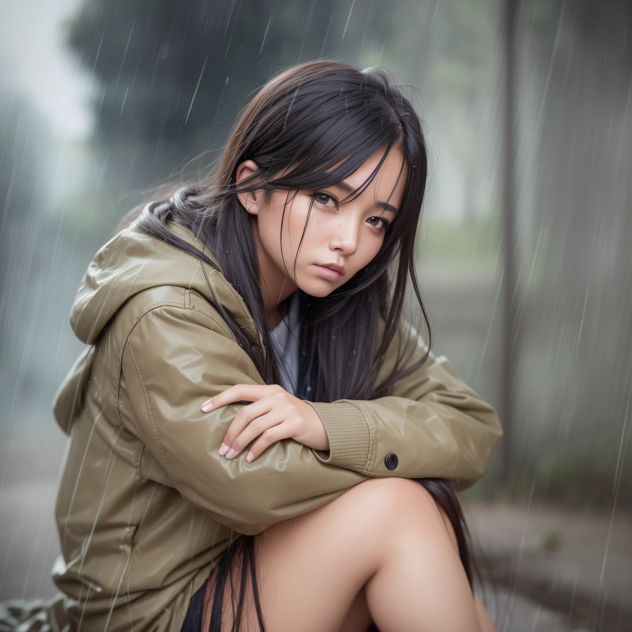 (portrait quality, movie atmosphere), young and tired Arapei woman sitting on the side of the road, disheveled, drenched in rain-soaked coat, homeless, (woman: 1.5), beautiful face stunning, (rain: 1.3), sad expression of despair, (thick mucus: 0.8), dirty rain and thick spider silk, (desperate: 1.2), (gorgeous woman: 0.91), (propaganda image: 0.9)