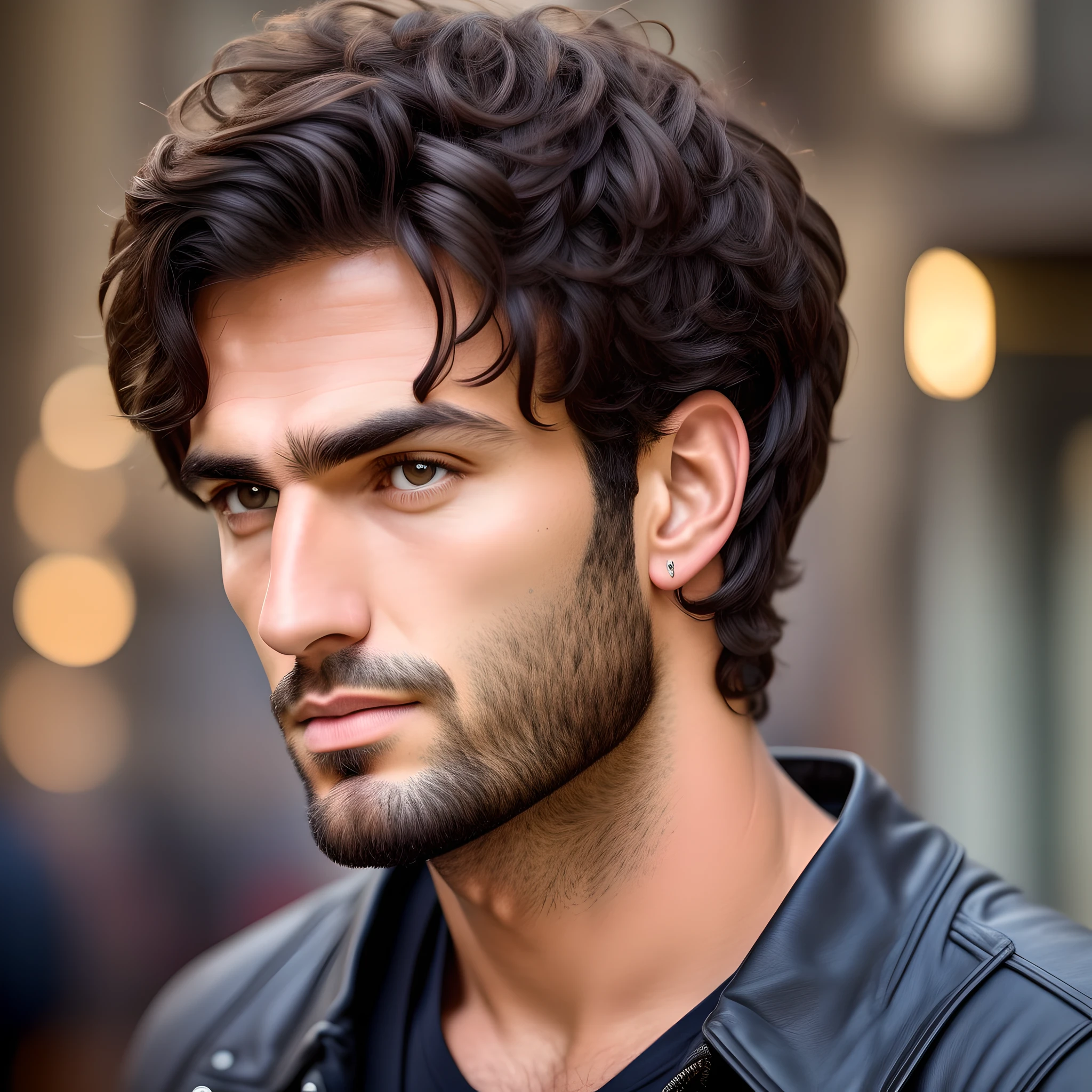 (front view) very detailed  photograph of a italian man, detailed coffee shop background, (with black hair), (dark eyes) (symmetric handsome face) nice and well defined nose, (well marked and angular jaw), proportioned and full lips, stunning realistic photography, realistic soft color, octane render, intricately detailed, sharp focus, stunning full color, shot on DSLR camera, 32k resolution, best quality, (focus on skin texture)
