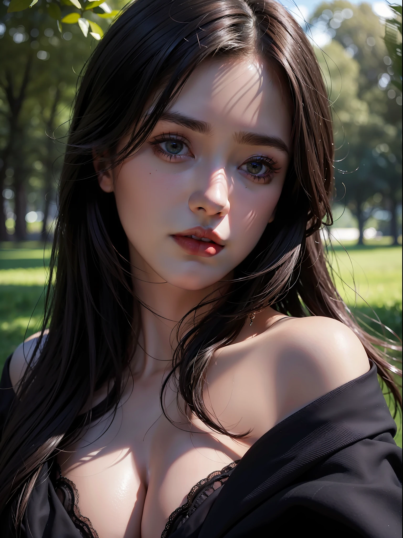 Best quality, masterpiece, ultra high res, (photorealistic:1.4), raw photo, 1girl, offshoulder, in the dark, deep shadow, low key, cold light,in a park