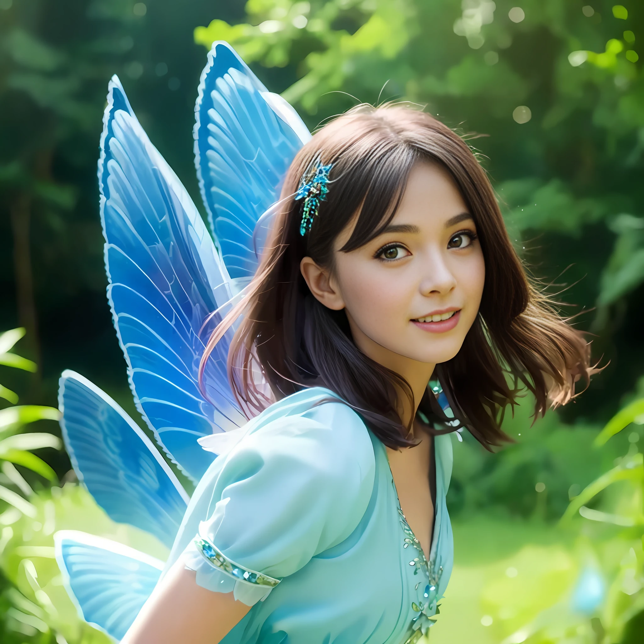 araffe fairy in a blue dress posing for a picture, smiling as a queen of fairies, fairy, beautiful fairy, beautiful adult fairy, with beautiful wings, portrait of a fairy, fairy look, faerie, beautiful adult book fairy, portrait of fairy, fairy wings, fairies have wings, young wan angel, with real wings, water fairy, fairies